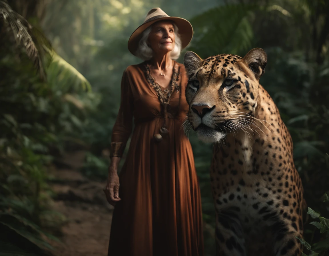 70-year-old woman witch holding a big panther ,in a jungle environment,Depth of field,High Light,real light,ray traced,OC Renderer,UE5 Renderer,Hyper-realistic,beste-Qualit,8K,works of masters,Super-slim;,Detailed pubic hair,Correct anatomy