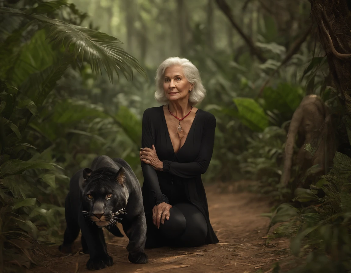 70-year-old woman witch holding a big panther ,in a jungle environment,Depth of field,High Light,real light,ray traced,OC Renderer,UE5 Renderer,Hyper-realistic,beste-Qualit,8K,works of masters,Super-slim;,Detailed pubic hair,Correct anatomy