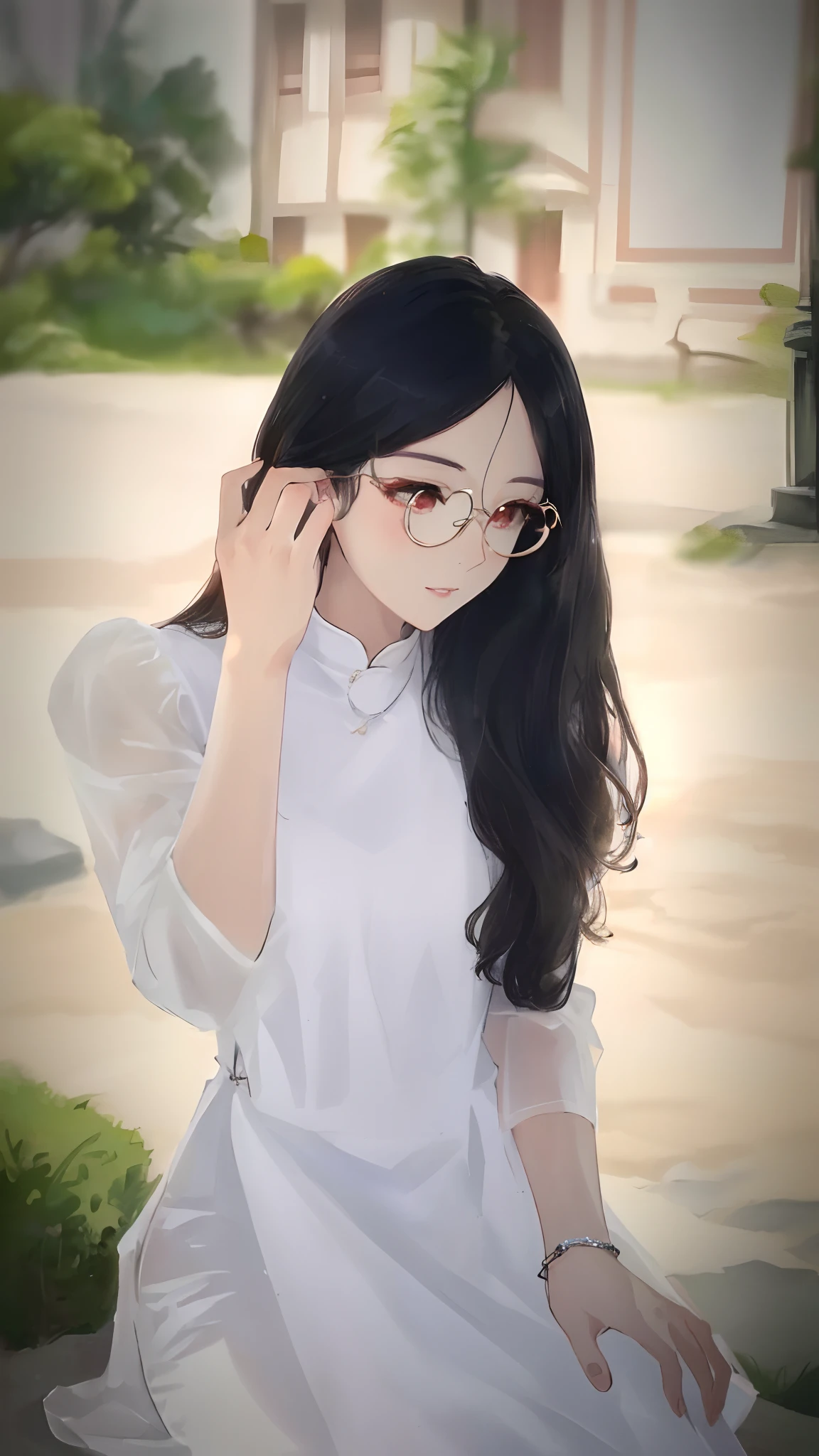 a close up of a woman in a white dress and glasses, with glasses, korean girl, (wearing thin large round circle glasses:1.1), beautiful south korean woman, clear lips and high quality, korean woman, chinese girl, wavy long black hair and glasses, ulzzang, lovely woman, beautiful young korean woman, white hime cut hairstyle, beautiful asian girl, with black eyeglasses