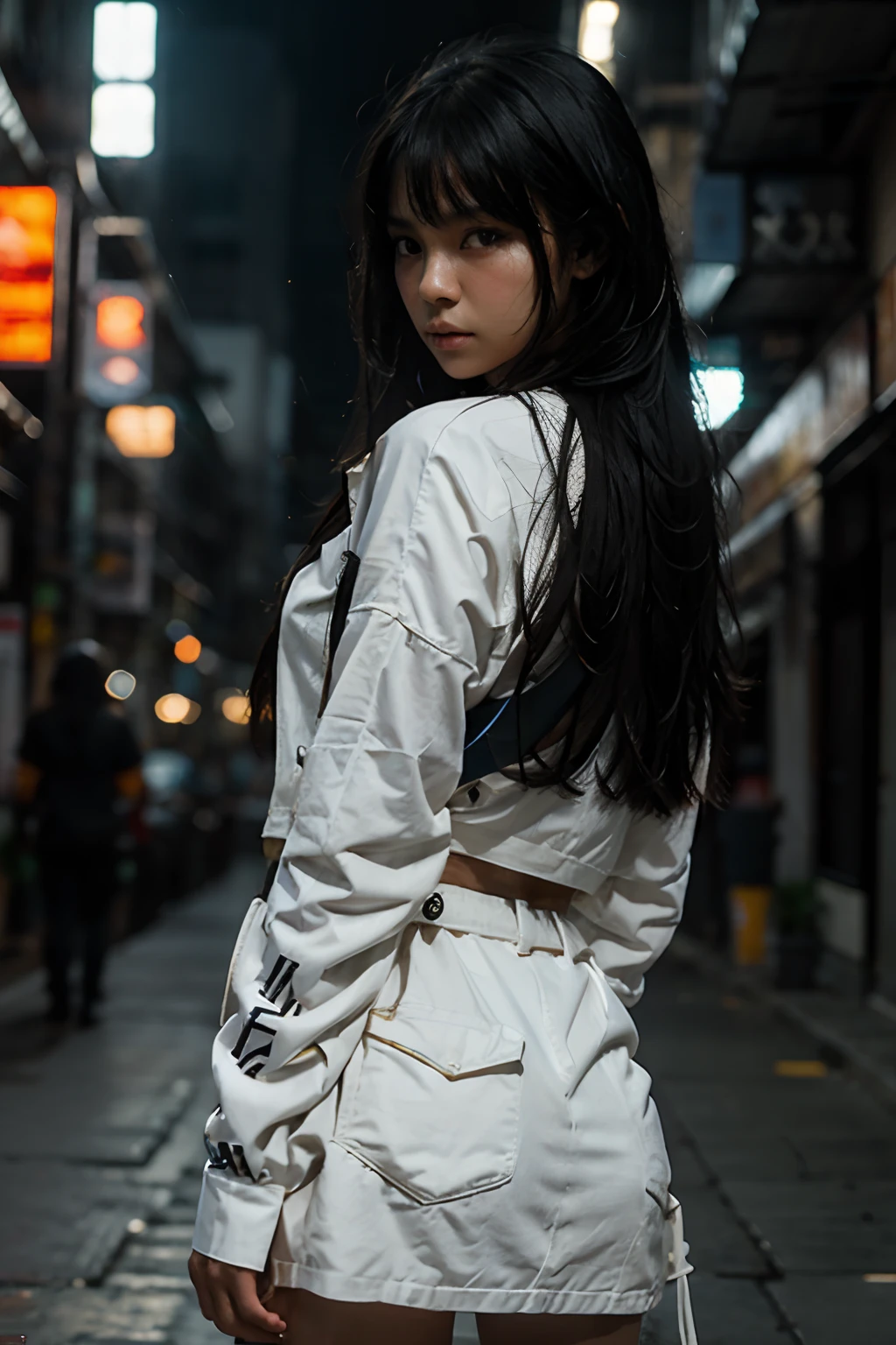 photorealistic:1.4, masterpiece, best quality, solo, Detailed face:1.2, perfectly proportions, photos realistic, ,Photo of mature thailand college girl, raw , long black hair, urban techwear, blurry background, eye focus, cowboy shot, huge city background, looking over back, dramatic light, cinematic light, realistic, realism