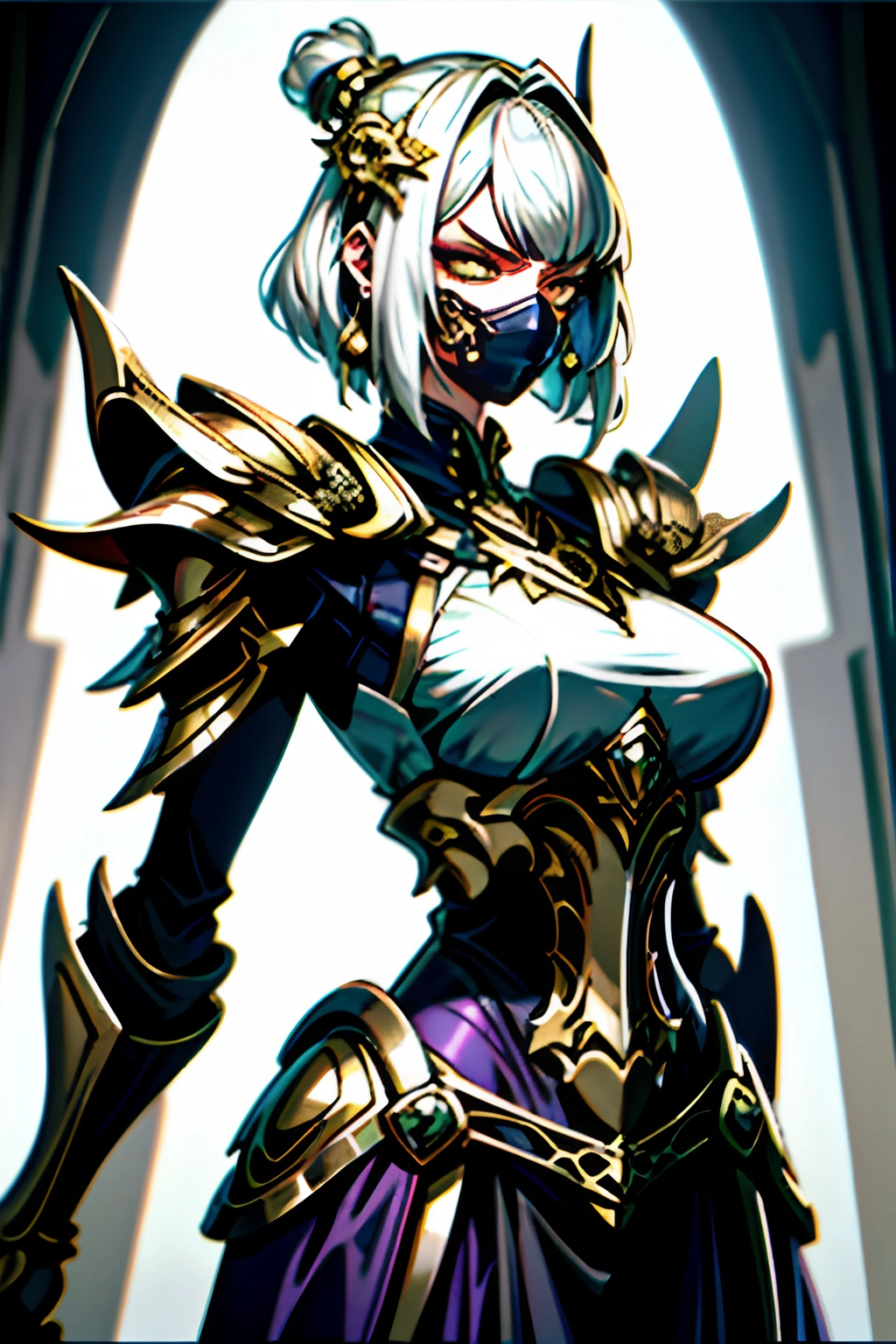 (tmasterpiece:1.2,high high quality), 1girll, ((hyper realistic detailed)), Global illumination, shadowing, Dynamic lighting, unreal-engine, rendering by octane, 8K, metals,, Decorations detailed, highly intricate detail, (Mechanical body:1.2), Golden eyes,White color hair,short detailed hair,slanted bangs,(mouth mask), gear wheel,apocalytic,huge tit,Deep purple armor,Skirt armor,Dark purple cloth,nabel,Nipple rings