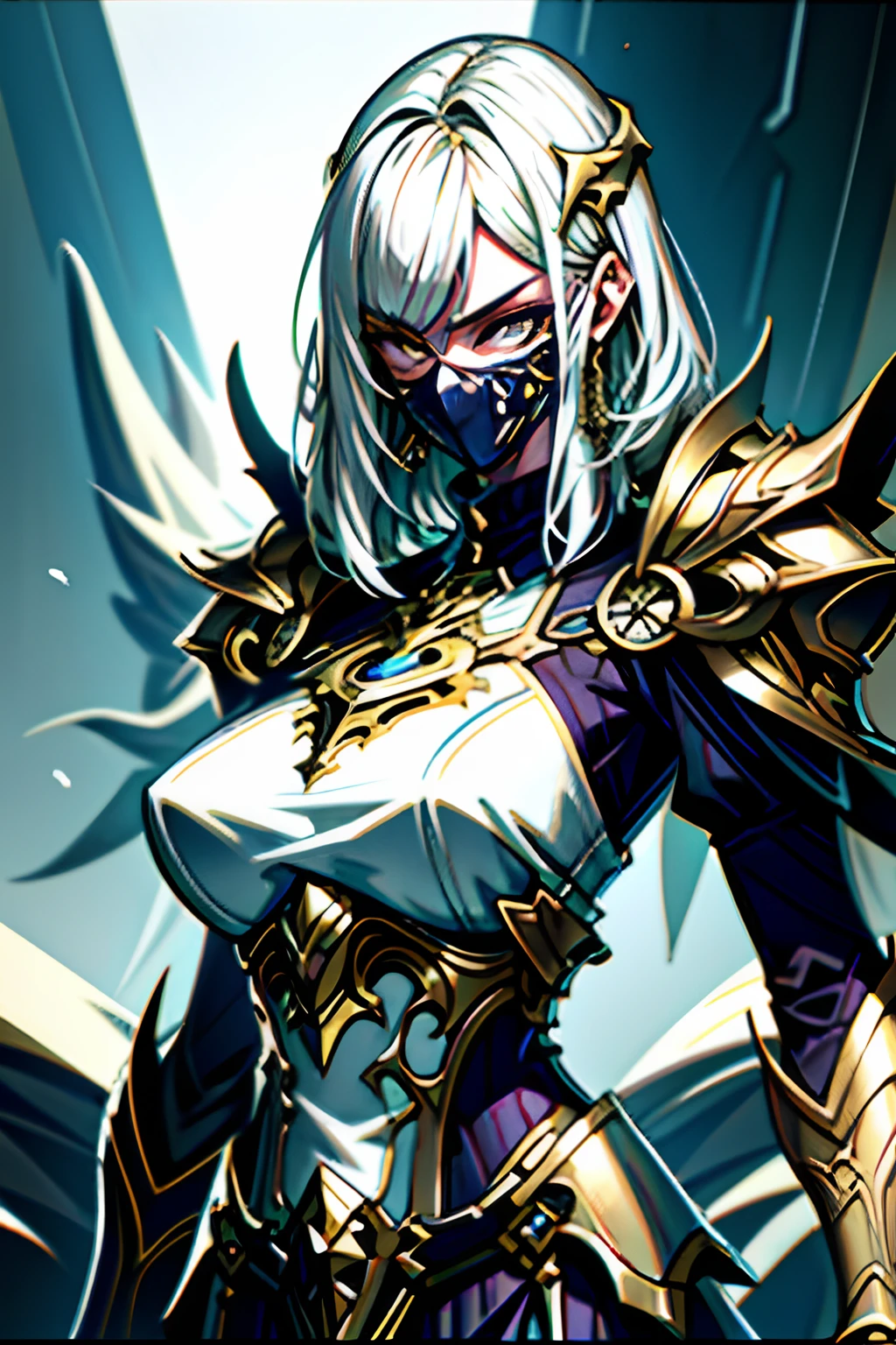 (((masterpiece))), (((best quality))), ((8k)), ((ultradated)), (1 dark-skinned human female: 1.2), (white hair 1.3), (( (Heterochromia, in the eyes, red and yellow: 1.2))),(((Official art, masterpiece, ultra-detailed))), (((best quality: 1.2, intricate details, ultra-detailed) high: 1.2))), (sexy body 1.1), latex costume, cleavage, castle corridor, dark environment, cinematic shot, natural light, light particles,