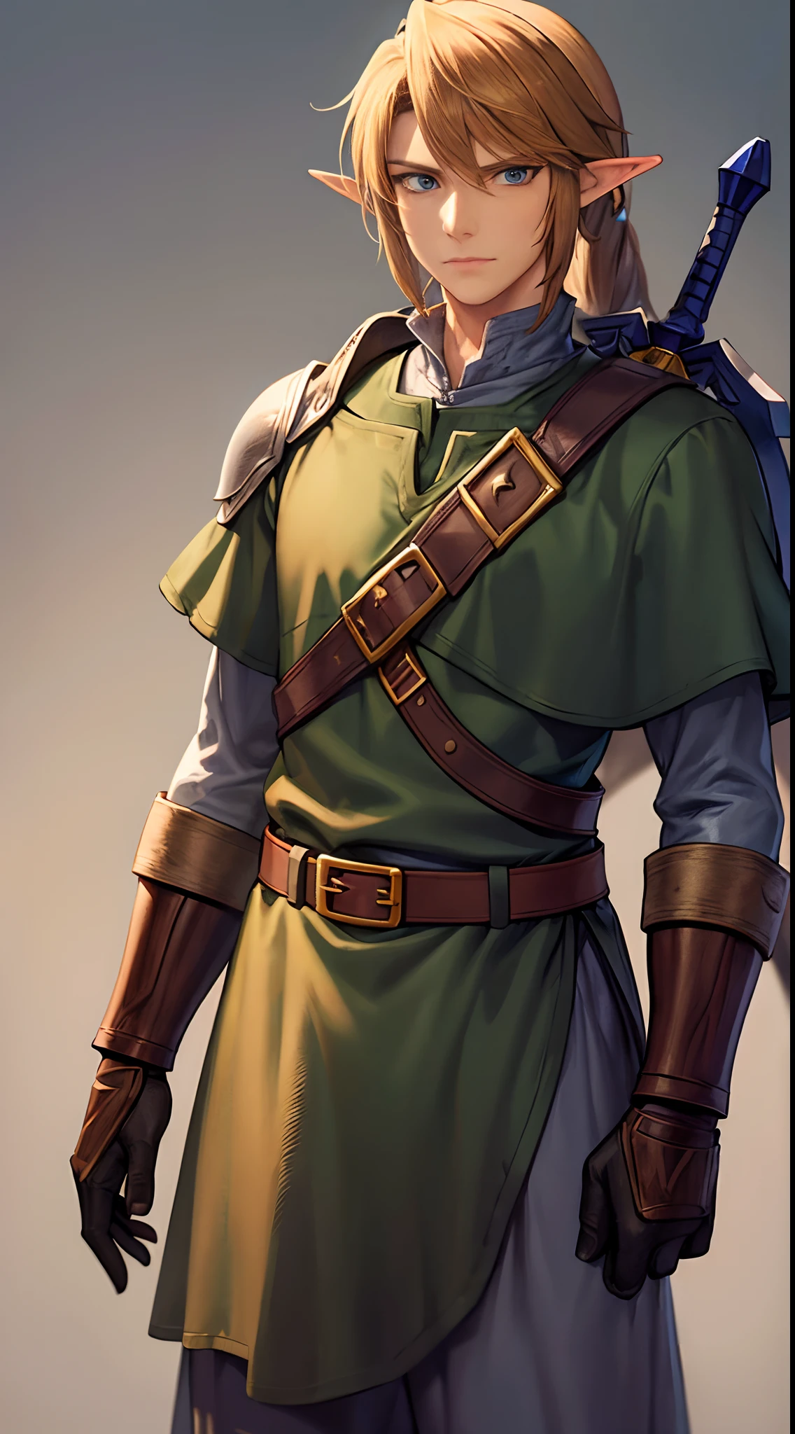 high detailed half-elf male, elf, brown_hair messy_hair smiling_face, green_eyes, scar_across_eye, pointed_ears, tan, armor breastplate blue_cape, leather_gloves, belt, belt_pounch, sword, sheath, paladin knight, simple_background, male_focus cowboy_shot solo, final fantasy tactics, jrpg, demacia, vox machina style,link,24 years old, standing straight,(muscular:0.8),(long sleeves), confident,powerful, tall, strong,(royal),uniform