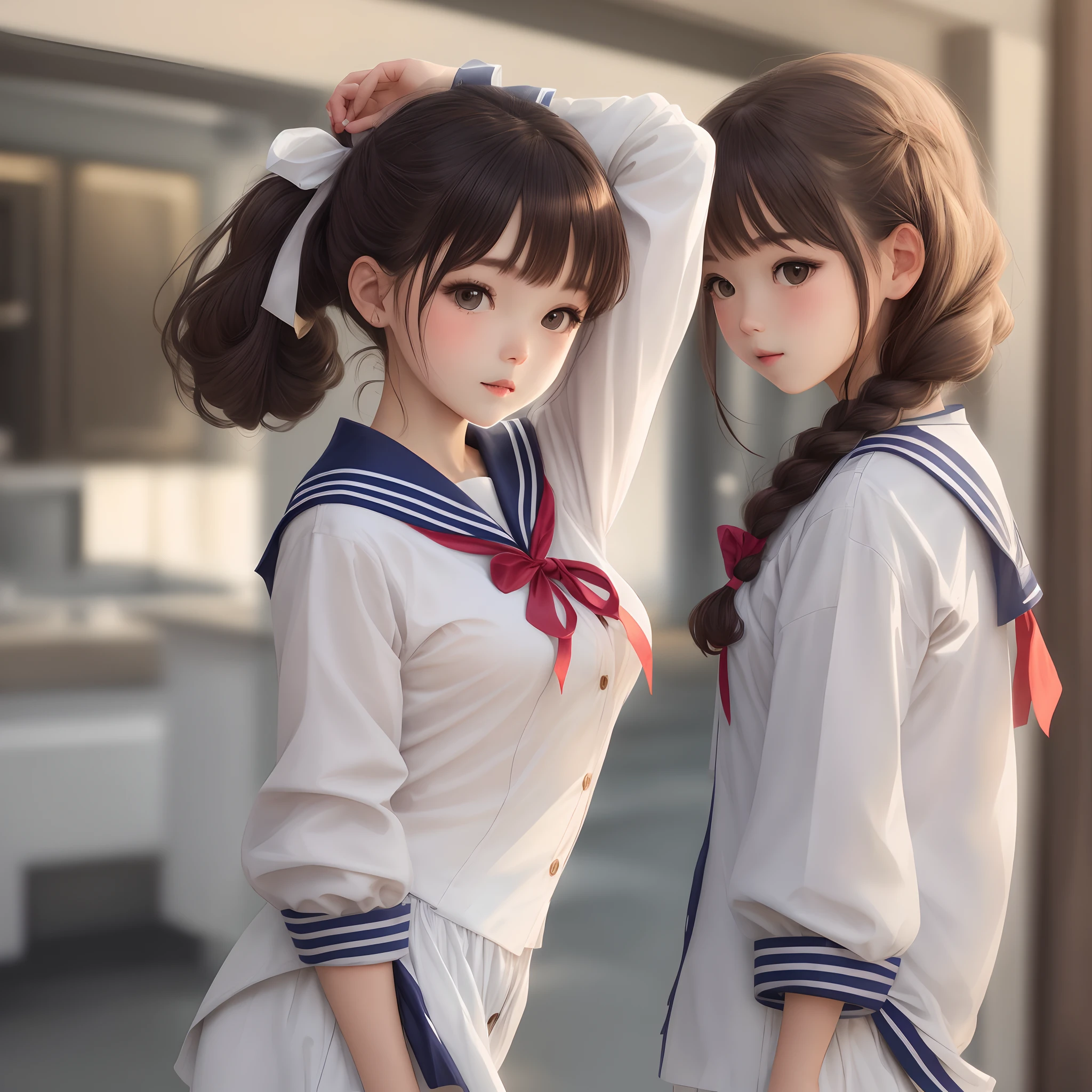 Girl in a sailor suit
Her hair is long and tied up with a ribbon