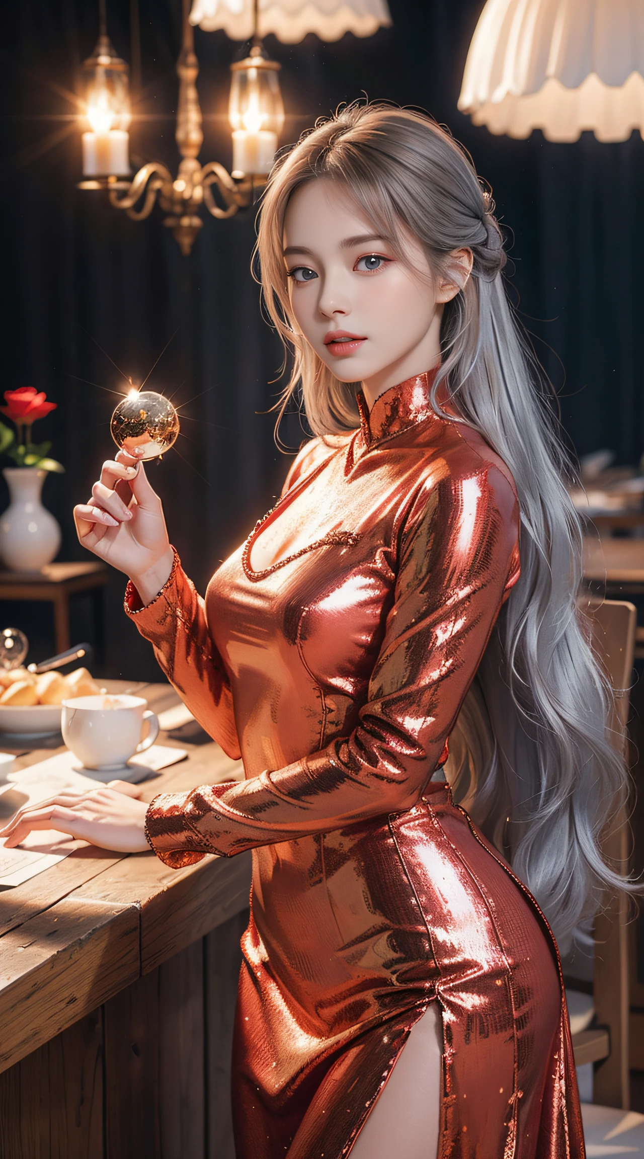 Top quality work，Photorealistic works，Ultra Premium Graphics，8K HD CG works，High-quality graphics，High-definition fine CG works，10x pixel，Ultra-fine details：1.1，Advanced technical details：1.1Photographically realistic，Indoor lighting effects：1.5，Natural light：1.5. light effect（Virtual Light Effects：1.8），超A high resolution，Shiny blue china dress，Long silver hair，Silver hair，Transparent hair，High Detail Hair（Premium Hair Detail：1.1）Clear eyes，Good looking double eyelids，Sharp eye makeup, Delicate makeup for eyelashes, Thin eyebrows, ultradetailed eyes，High Nose, lovely red lips, Rose cheeks, Face with delicate makeup , Pretty Face, A perfectly proportioned face,（Advanced facial details：1.1）Collection of shiny red luxury dresses，Bright red sequin dress，Sequin coat，shiny，Tight long skirt，Summer Sexy Hip Wrap Fishtail Sleeveless Commuter Maxi，Horse Stockings 100%Oil Gloss Panst Gloss Gloss Silk Glossy 8D Black Silk Woman，stiletto heels，mitts，Beautiful long dresses，wonderful dress，Bright Red Series，Haute Couture Dresses Collection，Dress Photography，Authentic dress works，In the banquet hall，Women's Artwork，full-body view，Goddess of Dress，真实感，amazing，Today's eyes are bright