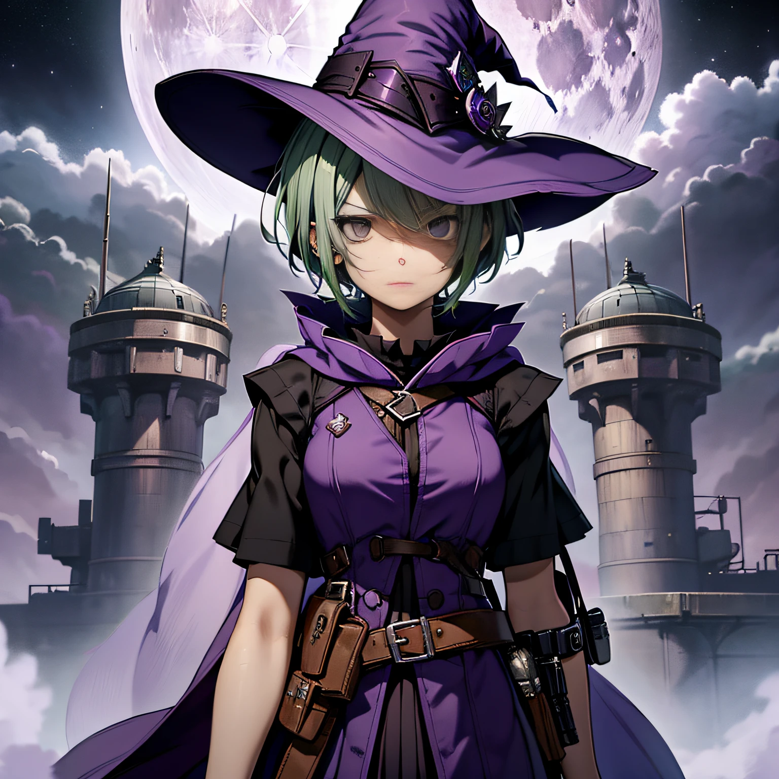 top-quality、extremely delicate and beautiful、(A age girl)、Purple Eye、Green hair、short-haired、(purple witch hat)、Purple tie、Tactical Vest、Soio、shortsleeves、Purple skirt、Purple Wizard Robe、Navel、is standing、Facing the front、Expression of hatred、Full moon night on background、Only eyes