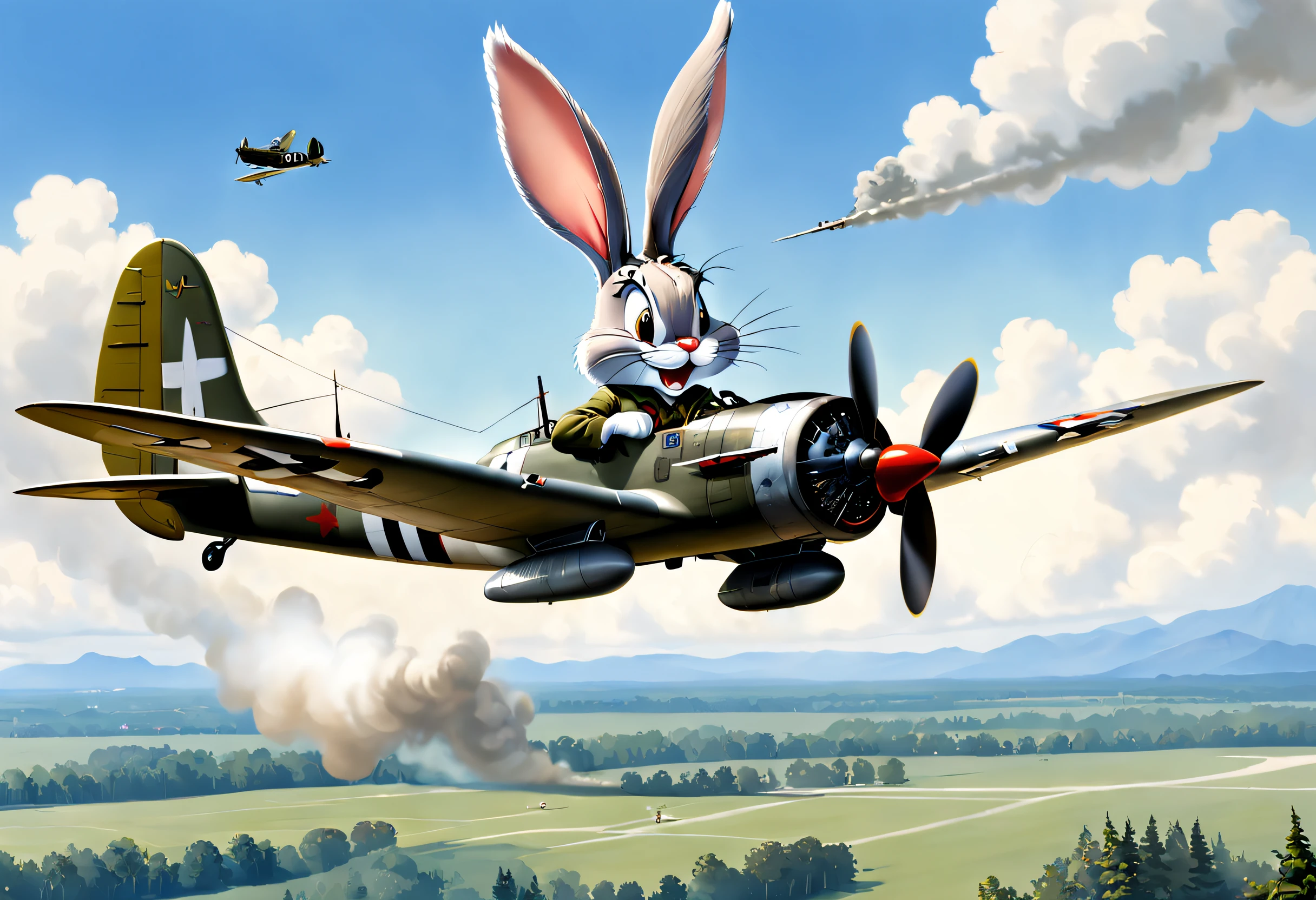Bugs Bunny flies a World War II plane