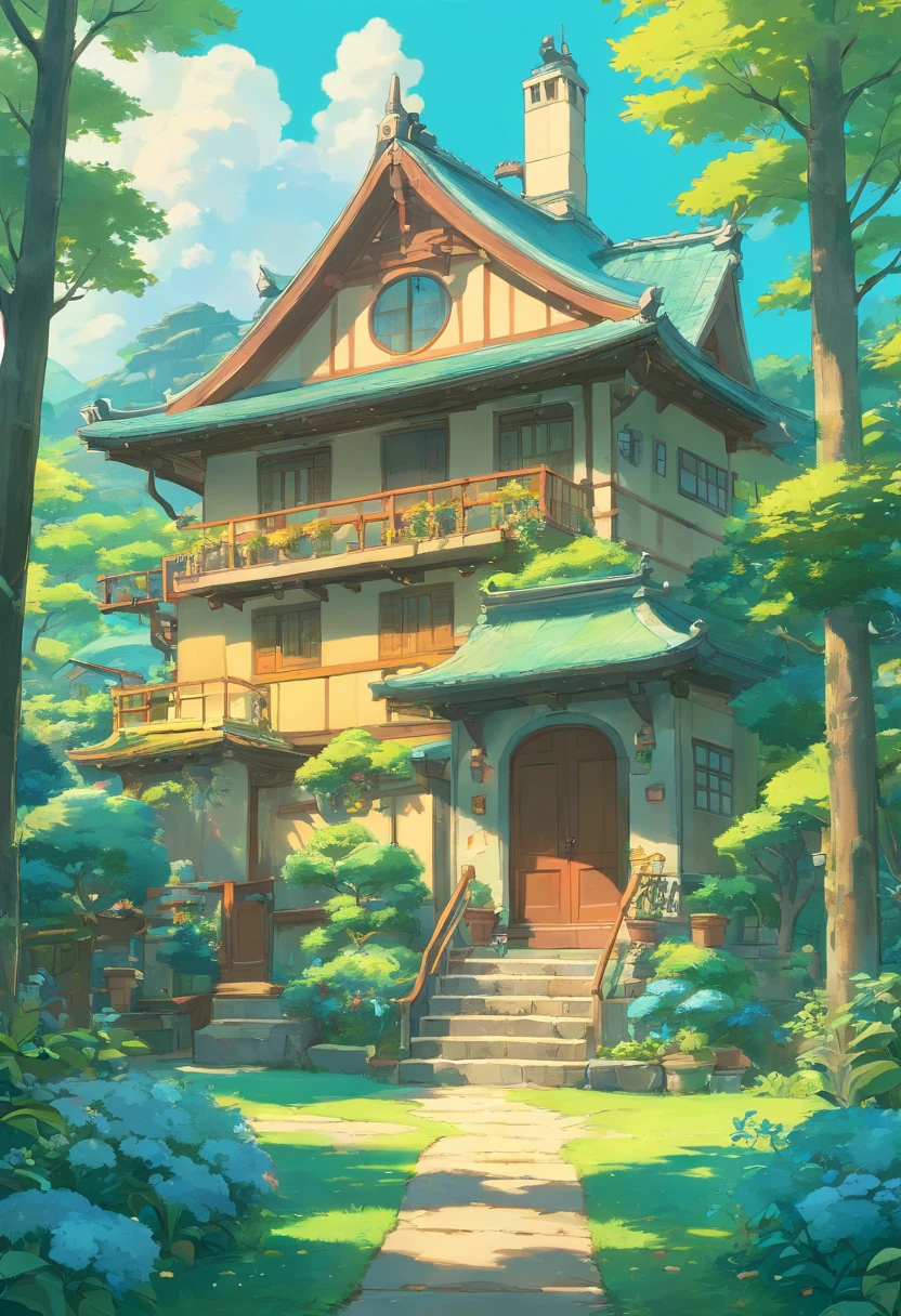 inthe style of tranquil gardenscapes, Animated color photos, Masami Teraoka, aquamarine, Paul Gauguin, Amber style, Honest portrait,A large yard,There are no characters,There is a house