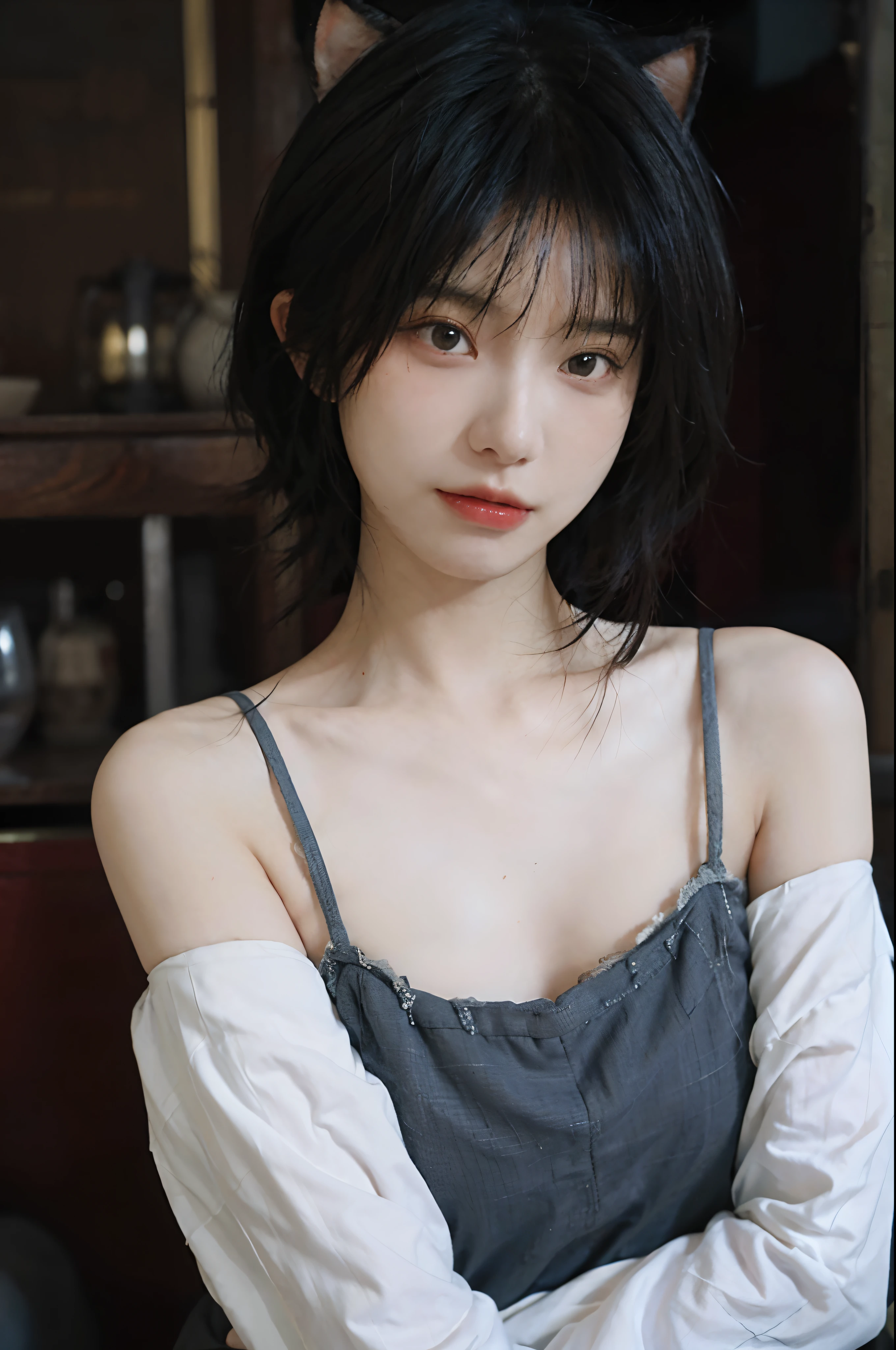 best qualtiy, Ultra-high resolution, (realisticlying:1.4),cute hairpin,Baoyu Girl, (flatchest:1.2),A pair of clear and moving peach blossom eyes,Royal Sister,sunshine on face,with long coiled hair,(ln the forest:1.4),(choker necklace:1.2),(Fair skin:1.4),(full bodyesbian:1.2)a sense of atmosphere,a beauty girl, ssmile,head straight-looking at viewer, closeup cleavage ,(Photorealistic:1.4),1girll,Sexy,(Upper body:1.4),(Wet body),(:1.2)
