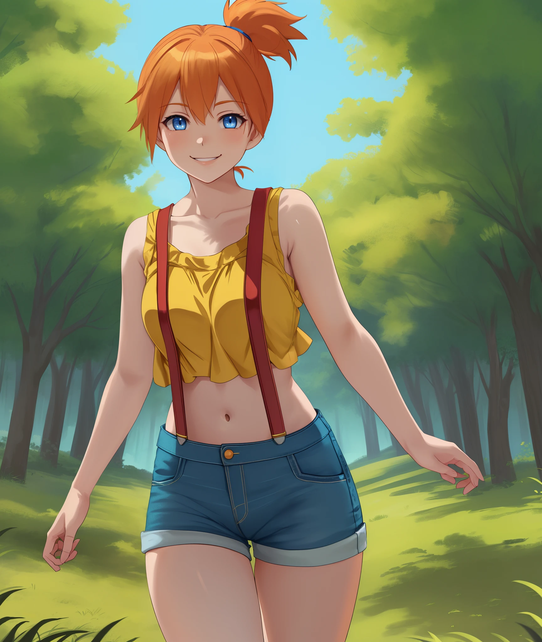 [Misty_(Pokemon)], [Uploaded to rule34.xxx; (kingmaster), (shosho_oekaki), (nekololisama)], ((masterpiece)), ((HD)), ((detailed shading)), ((1girl)), ((solo portrait)), ((cowboy shot)), ((front view)), ((cute anime girl)), {(athletic figure), (short orange hair), (side polytail), (cute blue eyes), (gorgeous hips), (beautiful lips), (beautiful legs), (defined legs), (cute smile)}, {(yellow tank top), (midriff), (blue denim short shorts), (red suspenders)}, {(standing), (arms above head), (looking ahead)}, [background; (grass plains), (lake), (trees), (blue sky), (sun rays)]