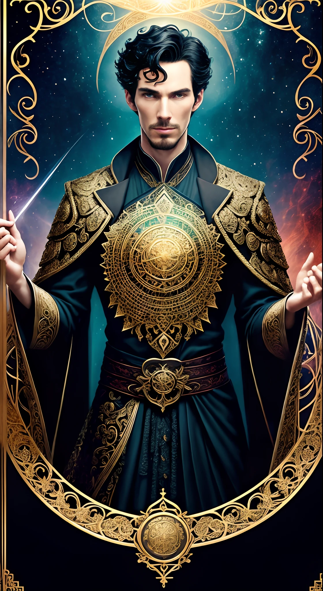 tarot cards，Full tarot border，(The image is surrounded by a tarot card-style border:1.8), (Masterpiece, High quality, Best quality, offcial art, Beauty and aesthetics:1.2),Marvel version of Doctor Strange portrait，（Benedict Cumberbatch：1.8）full-body portraits，Fighting posture，Vicious eyes，com rosto detalhado，Slightly vicissitudes， Award-winning photo、Bokeh、, surrealism, Cinematic lighting, shadowing, High details, High quality, Award-Awarded，（Wearing：black toga，Armed with a giant scythe，），(Hairstyles: with short black hair)，8k wallpaper,Ultra-detailed, Beautiful and aesthetically pleasing, tmasterpiece, best qualityer, (s fractal art: 1.3), （Background with：romanticism lain, volcanoes, Blood, pearls，magma,火焰, Libra, skulls, Hold the giant scythe，（ extremely detaile, ））dynamic angle, Cowboy shot, The most beautiful forms of chaos, Fauvistdesign, vivd colour, Vintage style，（zentangle，datura，Tangles，entangled）， (s fractal art: 1.3)，finely quality eyes，Right eyes，correct hand， delicated face，Correct body structure，holy rays，gold foil，Gold leaf art，glitter drawing，Full tarot border，（Full border 1.5），Fang Yi，