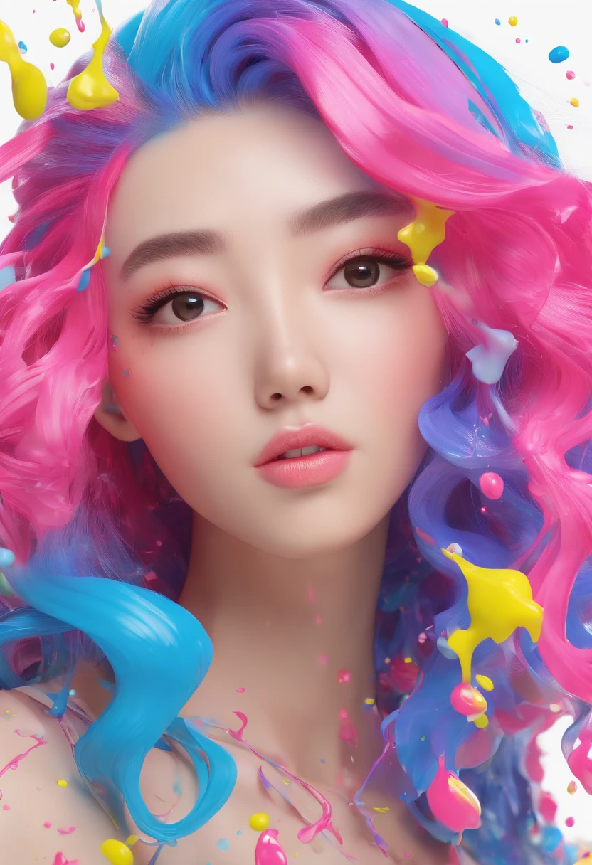 (Masterpiece, Best Quality, High Resolution), White Background, ((Paint Splash, Color Splash, Splash of Ink, Color Splash)), Sweet Chinese Girl, Rainbow Hair, Pink Lips, Front, Upper Body
