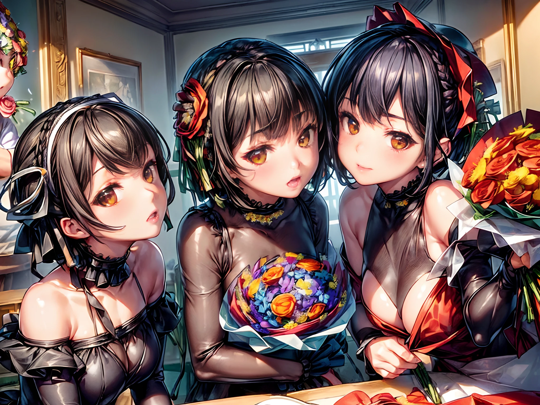 hight resolution、super detailed skin、 (shinny skin)、(masterpiece、top-quality:1.4)、(Photorealsitic、Perfect Anatomy:1.4) (Two pretty girls:1.2)(1girl in=Black Hair Medium Bob、Rock Fashion:1.2)(BREAK)(1girl in=Black hair braided medium hair、eye glass、Witch Cosplay)(chatting:1.3)(Ultra-detailed facial features:1.5)(Right in front of you、Bouquet of flowers on the table:1.8),(Lots of Halloween decorations:1.3)(Antique Cafe)