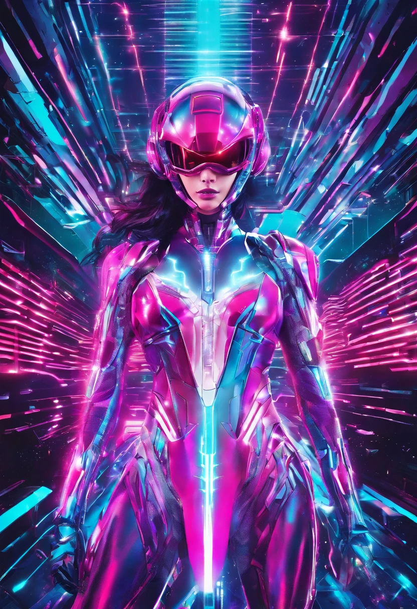 old VHS aestetics epic action 80s anime cyberpunk synthwave female superhero in high tech power suit fully powered metallic surface energy pulsating heroic pose glowing aura glowing suit