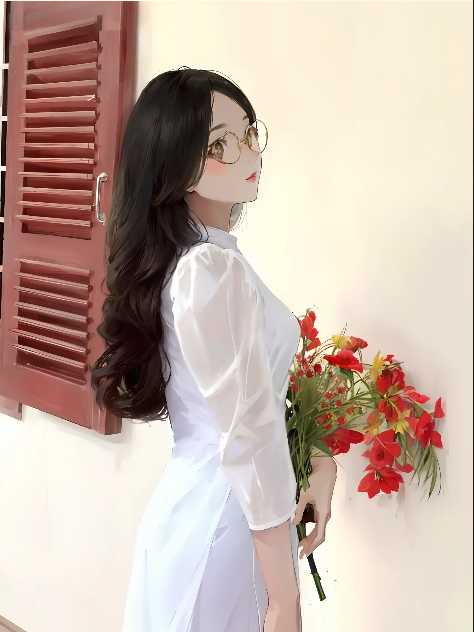 there is a woman standing next to a wall with a bouquet of flowers, ao dai, lovely woman, (wearing thin large round circle glasses:1.1), in style of lam manh, dang my linh, mai anh tran, dao trong le, profile image, with long hair, hoang long ly, vietnamese woman, with a long white, clear lips and high quality, with glasses