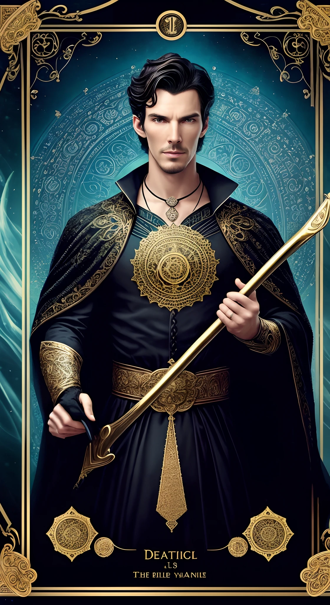 tarot cards,Full tarot border,(The image is surrounded by a tarot card-style border:1.8), (Masterpiece, High quality, Best quality, offcial art, Beauty and aesthetics:1.2),Marvel version of Doctor Strange portrait,(Benedict Cumberbatch:1.8)full-body portraits,Fighting posture,Vicious eyes,com rosto detalhado,Slightly vicissitudes, Award-winning photo、Bokeh、, surrealism, Cinematic lighting, shadowing, High details, High quality, Award-Awarded,(Wearing:black toga,Armed with a giant scythe,),(Hairstyles: with short black hair),8k wallpaper,Ultra-detailed, Beautiful and aesthetically pleasing, tmasterpiece, best qualityer, (s fractal art: 1.3), (Background with:romanticism lain, volcanoes, Blood, pearls,magma,火焰, Libra, skulls, Hold the giant scythe,( extremely detaile, ))dynamic angle, Cowboy shot, The most beautiful forms of chaos, Fauvistdesign, vivd colour, Vintage style,(zentangle,datura,Tangles,entangled), (s fractal art: 1.3),finely quality eyes,Right eyes,correct hand, delicated face,Correct body structure,holy rays,gold foil,Gold leaf art,glitter drawing,Full tarot border,(Full border 1.5),Fang Yi