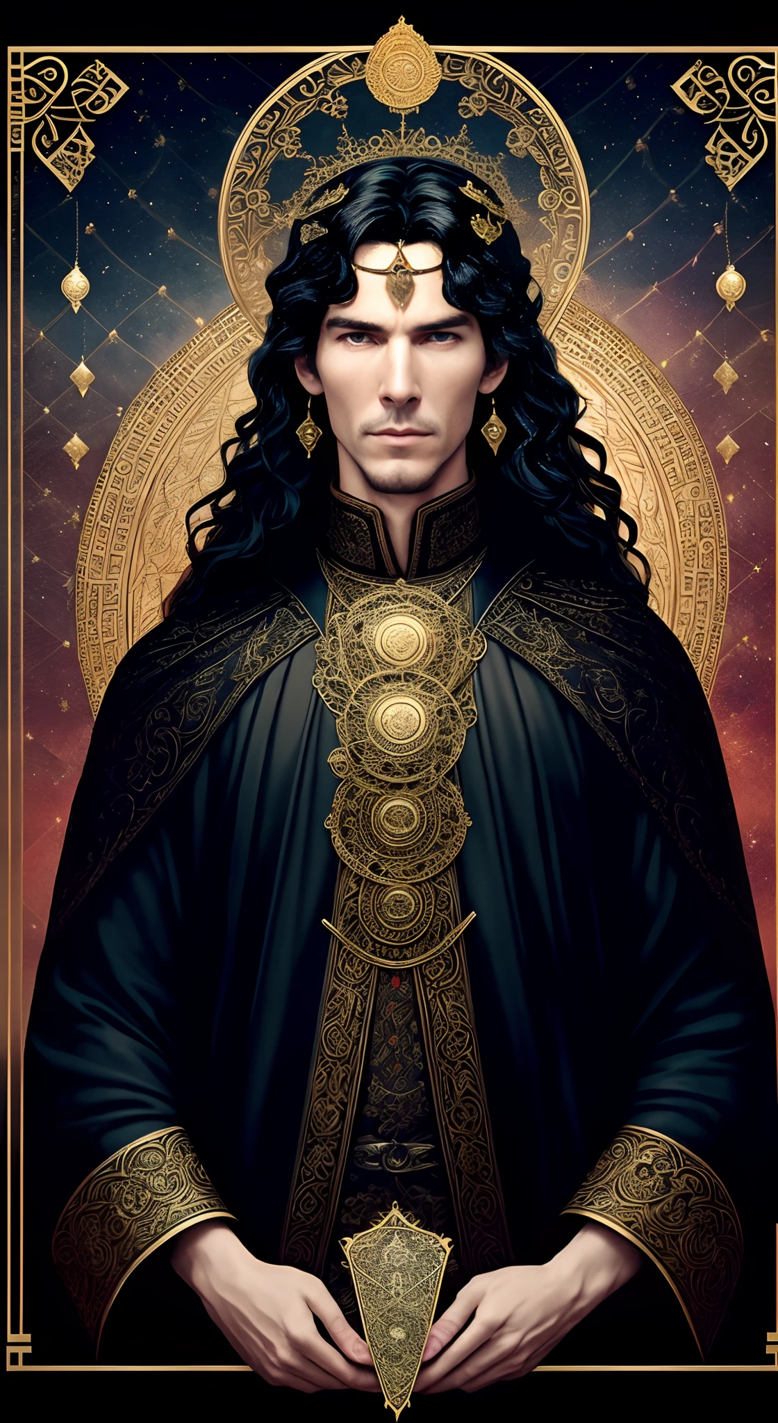 tarot cards，Full tarot border，(The image is surrounded by a tarot card-style border:1.8), (Masterpiece, High quality, Best quality, offcial art, Beauty and aesthetics:1.2),Marvel version of Doctor Strange portrait，（Benedict Cumberbatch：1.8）full-body portraits，Fighting posture，Vicious eyes，com rosto detalhado，Slightly vicissitudes， Award-winning photo、Bokeh、, surrealism, Cinematic lighting, shadowing, High details, High quality, Award-Awarded，（Wearing：black toga，Armed with a giant scythe，），(Hairstyles: with short black hair)，8k wallpaper,Ultra-detailed, Beautiful and aesthetically pleasing, tmasterpiece, best qualityer, (s fractal art: 1.3), （Background with：romanticism lain, volcanoes, Blood, pearls，magma,火焰, Libra, skulls, Hold the giant scythe，（ extremely detaile, ））dynamic angle, Cowboy shot, The most beautiful forms of chaos, Fauvistdesign, vivd colour, Vintage style，（zentangle，datura，Tangles，entangled）， (s fractal art: 1.3)，finely quality eyes，Right eyes，correct hand， delicated face，Correct body structure，holy rays，gold foil，Gold leaf art，glitter drawing，Full tarot border，（Full border 1.5），Fang Yi