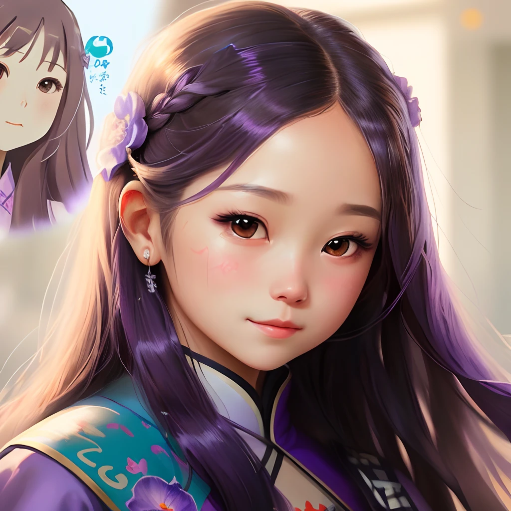 a close up of a woman with long hair and a purple dress, Realistic cute girl painting, Cute graffiti, Hand drawn illustration, cute portrait, Chinese girl, a beautiful anime portrait, Beautiful character painting, Kawaii realistic portrait, , Very beautiful girl
