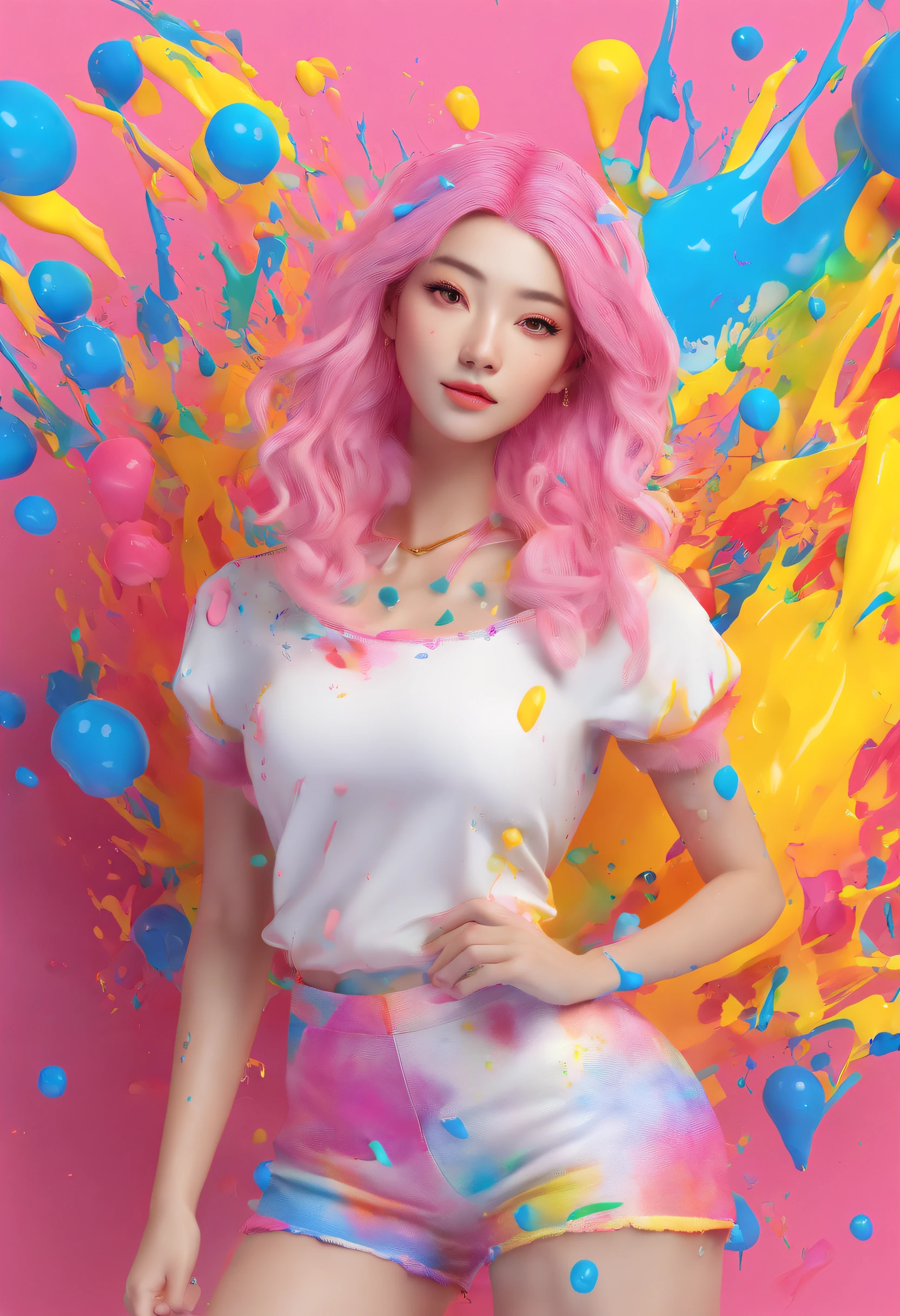 (Masterpiece, Best Quality, High Resolution), White Background, ((Paint Splash, Color Splash, Splash of Ink, Color Splash)), Sweet Chinese Girl, Rainbow Hair, Pink Lips, Front, Upper Body