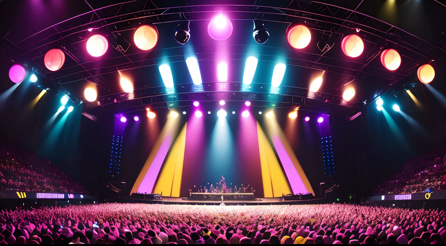 a vibrant concert scene, dynamic lights and stage effects, enthusiastic crowd, musicians playing instruments passionately, energetic dance moves, powerful sound system, swirling colors, lively atmosphere, electric guitar solo, pulsating bass line, mesmerizing vocals, rhythmic drum beats, epic climax, energetic performers, passionate audience, uplifting music, immersive experience, joyful celebration, unforgettable memories, high-energy performance, stage presence, adrenaline rush, harmonious melodies, crowd singing along, unity and connection, magical moments, pure joy, transcendent experience, euphoric atmosphere, pulsating rhythm, powerful lyrics, emotion-filled performance, breathtaking stage setup, energetic crowd interaction, artist's charismatic presence, colorful visual projections, epic stage production, vibrant and diverse music genres, diverse group of musicians, mastering the art of performance