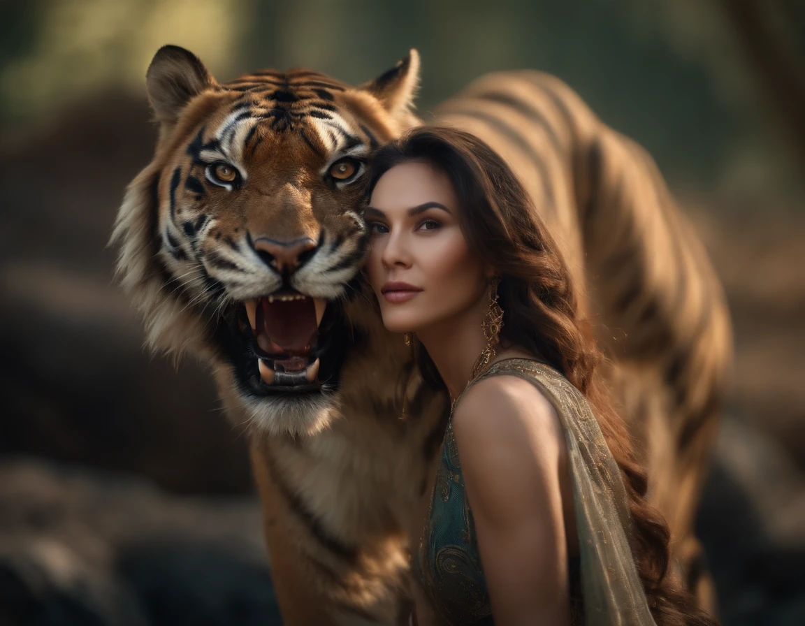 A giant wild saber-toothed tiger protects a beautiful primitive woman witch
(Master parts: 1.5) (Fotorrealista: 1.1) (Bokeh) (Best quality) (The skin、pores、Detailed texture of hair: 1.1) (复杂) (8K) (hdr) (Wallpapers) (Cinematic lighting) (foco nítido )