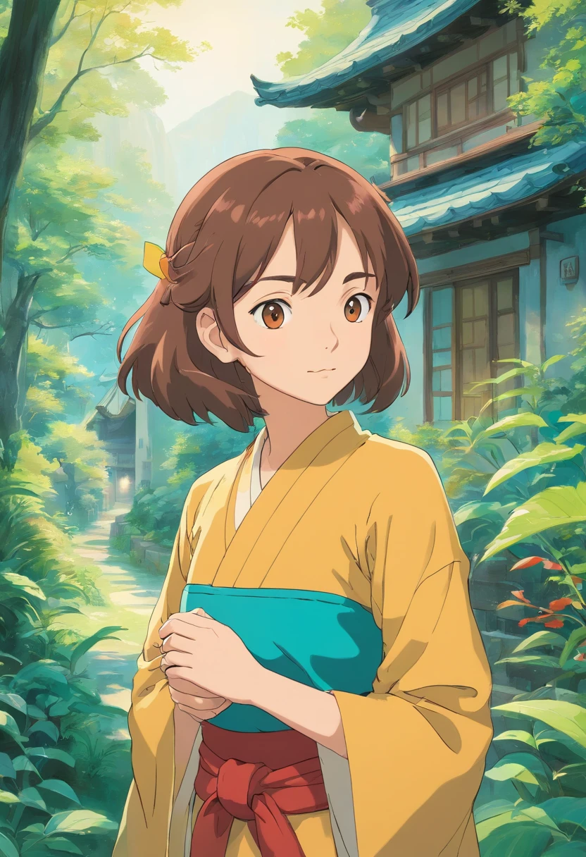 inthe style of tranquil gardenscapes, Animated color photos, Masami Teraoka, aquamarine, Paul Gauguin, Amber style, Honest portrait,A large yard,There are no characters,There is a house,In front of the house stood a woman dressed in Zhuang costume
