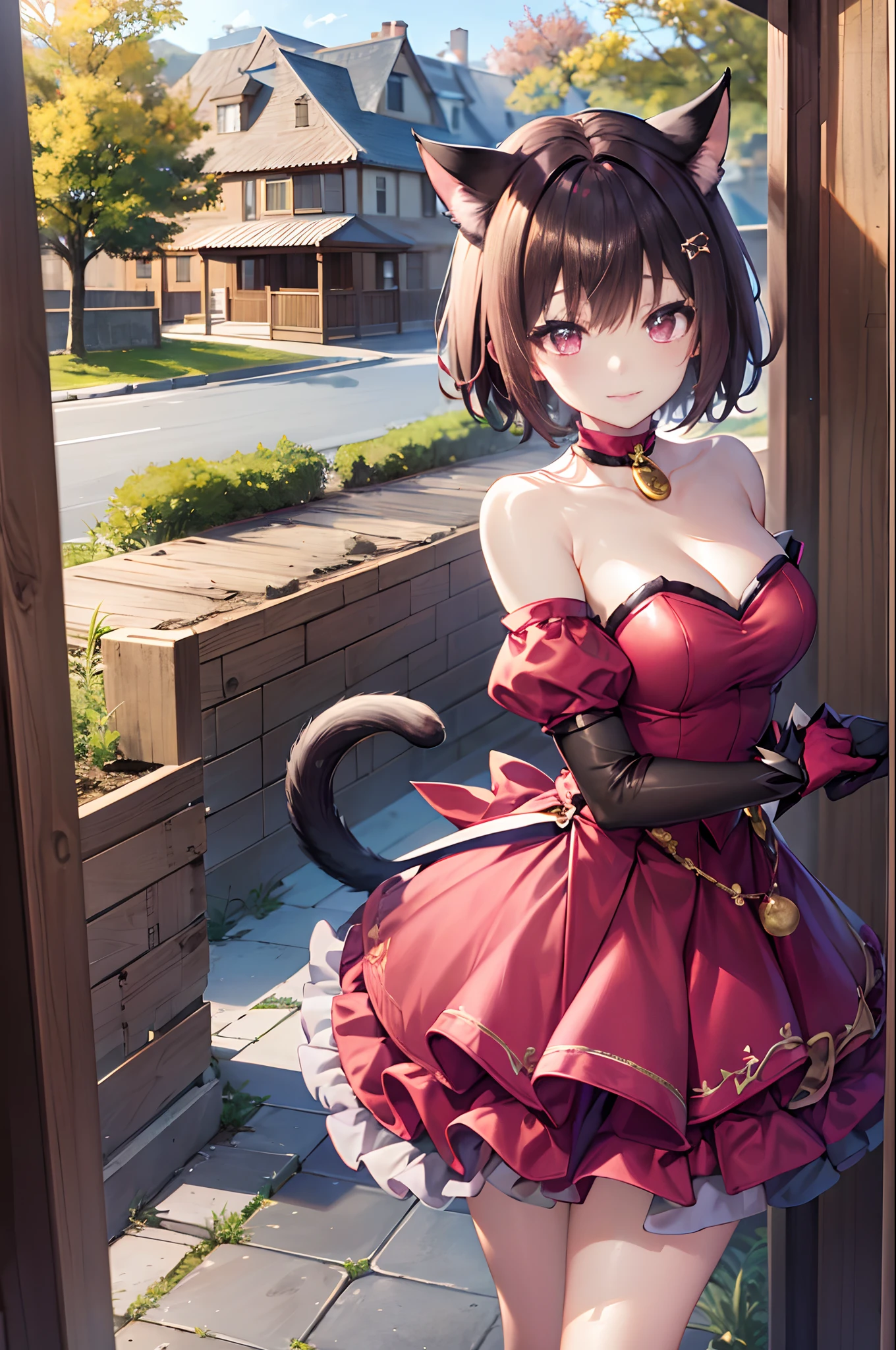 masterpiece, best quality, highres, mi1, tail ornament, tail bow, gloves, cat tail, jingle bell, red gloves, tail bell, choker, detached sleeves, magical girl, pink dress, strapless, cowboy shot, outdoors, standing