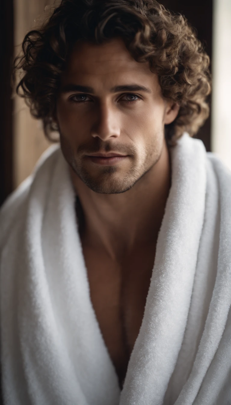 portrait of a handsome male, short curly hair wearing a white bath towel big