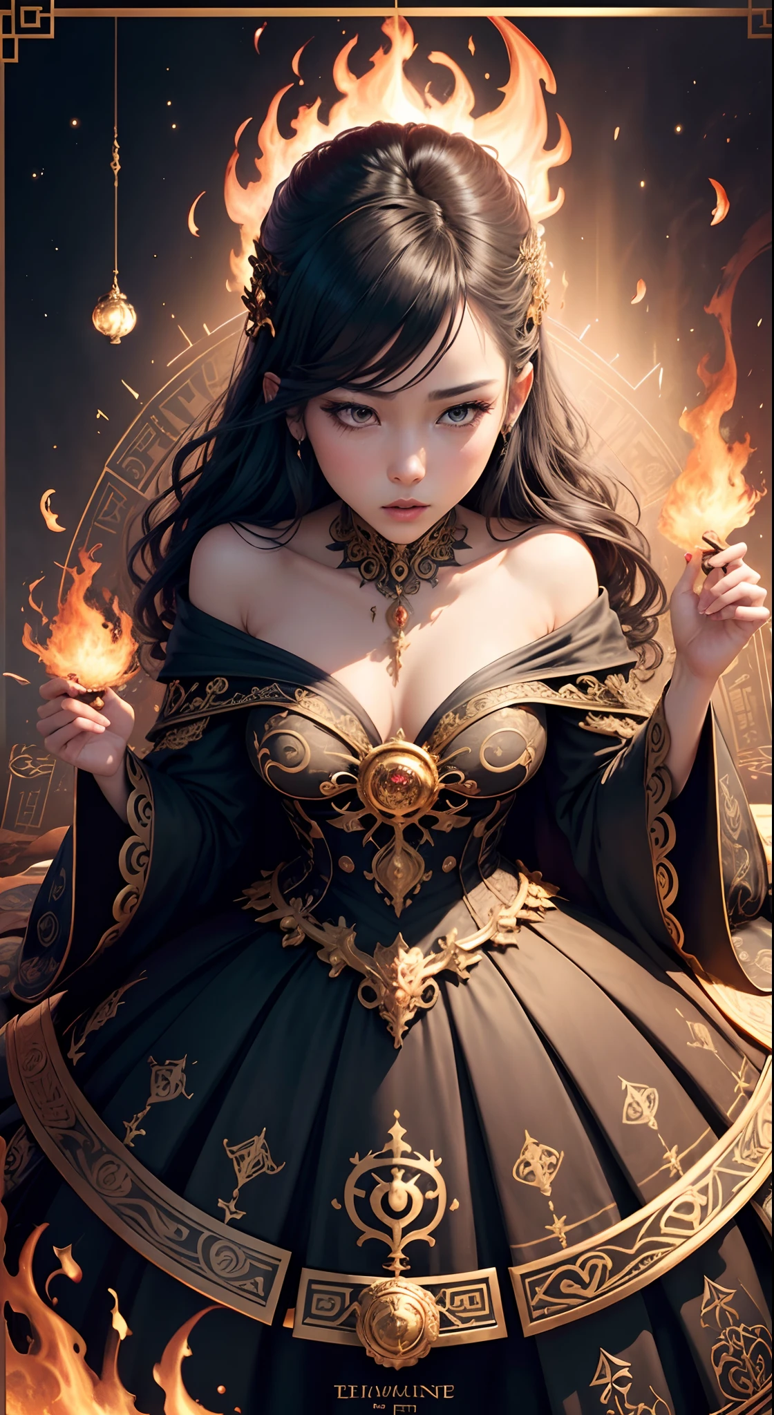 tarot cards，Full tarot border，(The image is surrounded by a tarot card-style border:1.8),The back of the card，（Background with：a black cloak，Giant scythe，Hades，）Roman mythology，8k wallpaper, Ultra-detailed, Beautiful and aesthetically pleasing, tmasterpiece, best qualityer, (s fractal art: 1.3), erupting volcano, extremely detaile, dynamic angle, Cowboy shot, The most beautiful forms of chaos, elegant, Fauvistdesign, vivd colour, romanticism lain, hell, Buble, shells, Blood, pearls，magma,火焰, Libra, skulls, Vintage style，（zentangle，datura，Tangles，entangled）， (s fractal art: 1.3)，holy rays，gold foil，Gold leaf art，glitter drawing，Full tarot border，（Full border 1.5），Fang Yi，（The border is centered at 1.8），(theelementoffire:1.4),Composed of fire elements，Highly realistic,Sci-fi lighting effects,Flame,hoang lap，climaxing，looking down from above，simple backgound，