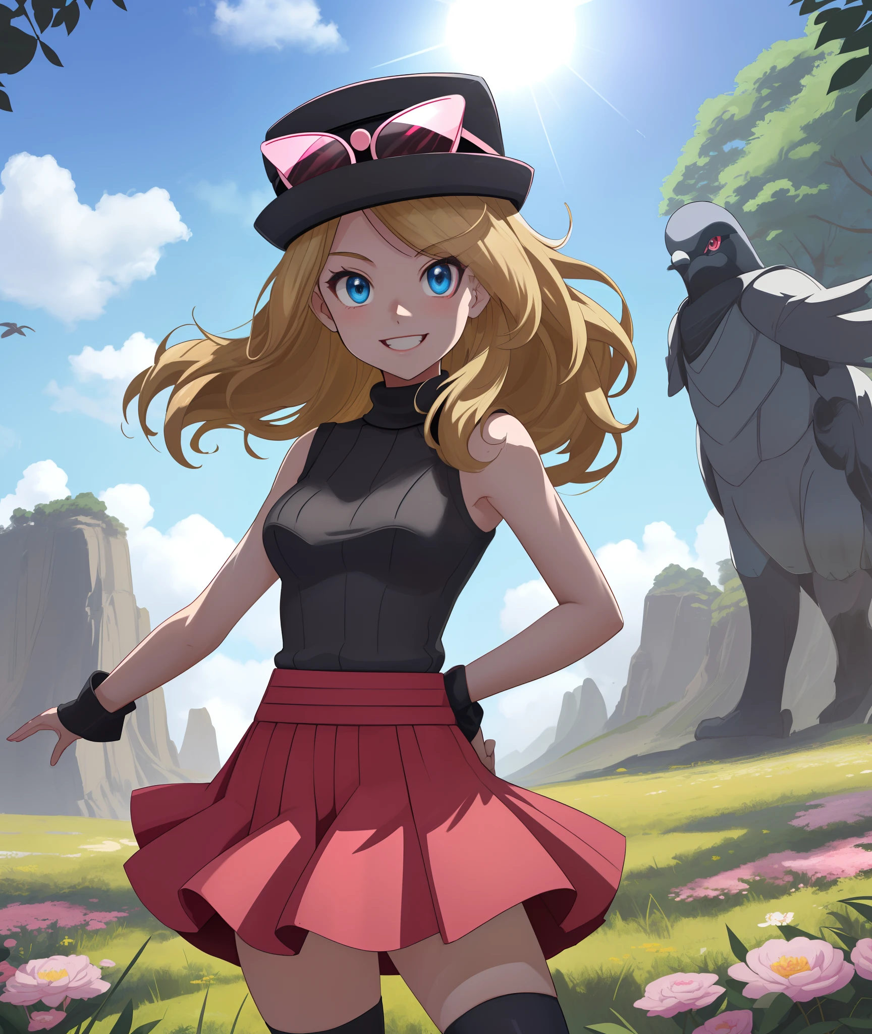 [Serena_(Pokemon)], [Uploaded to rule34.xxx; (kingmaster), (shosho_oekaki), (neko****sama)], ((masterpiece)), ((HD)), ((detailed shading)), ((1girl)), ((solo portrait)), ((cowboy shot)), ((front view)), ((cute anime girl)), {(long dirty blonde hair), (cute blue eyes), (gorgeous hips), (beautiful legs), (defined legs), (beautiful lips), (excited smile)}, {(black turtleneck sweater), (sleeveless), (short red skirt), (black opaque thigh-high socks), (pink hat on head), (sunglasses on hat), (upskirt white panties)}, {(standing), (arms behind back), (pigeon-toed), (looking ahead)}, [background; (flowers), (grass plains), (blue cloudy sky), (sun rays)]