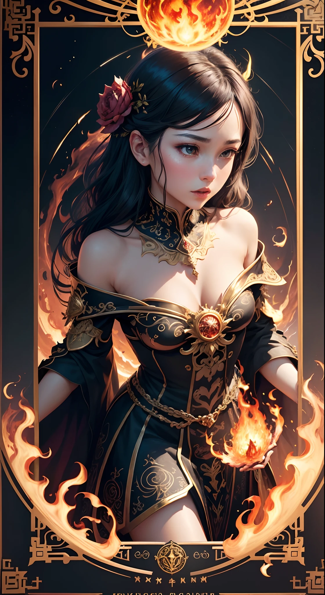 (((dark fantasy style ))) (((women illustration:1.3))), (((Large breast))), (((oil painting illustration:1.3))), (stunning flame background:1.3), (((beautiful detail glow:1.2))), (((radiosity rendered in stunning 32k beautiful resolution:1.3))), (((all captured in sharp focus:1.1))), (((highest quality:1.2))), (((highly quality:1.2))),(((Flaming Hair)))