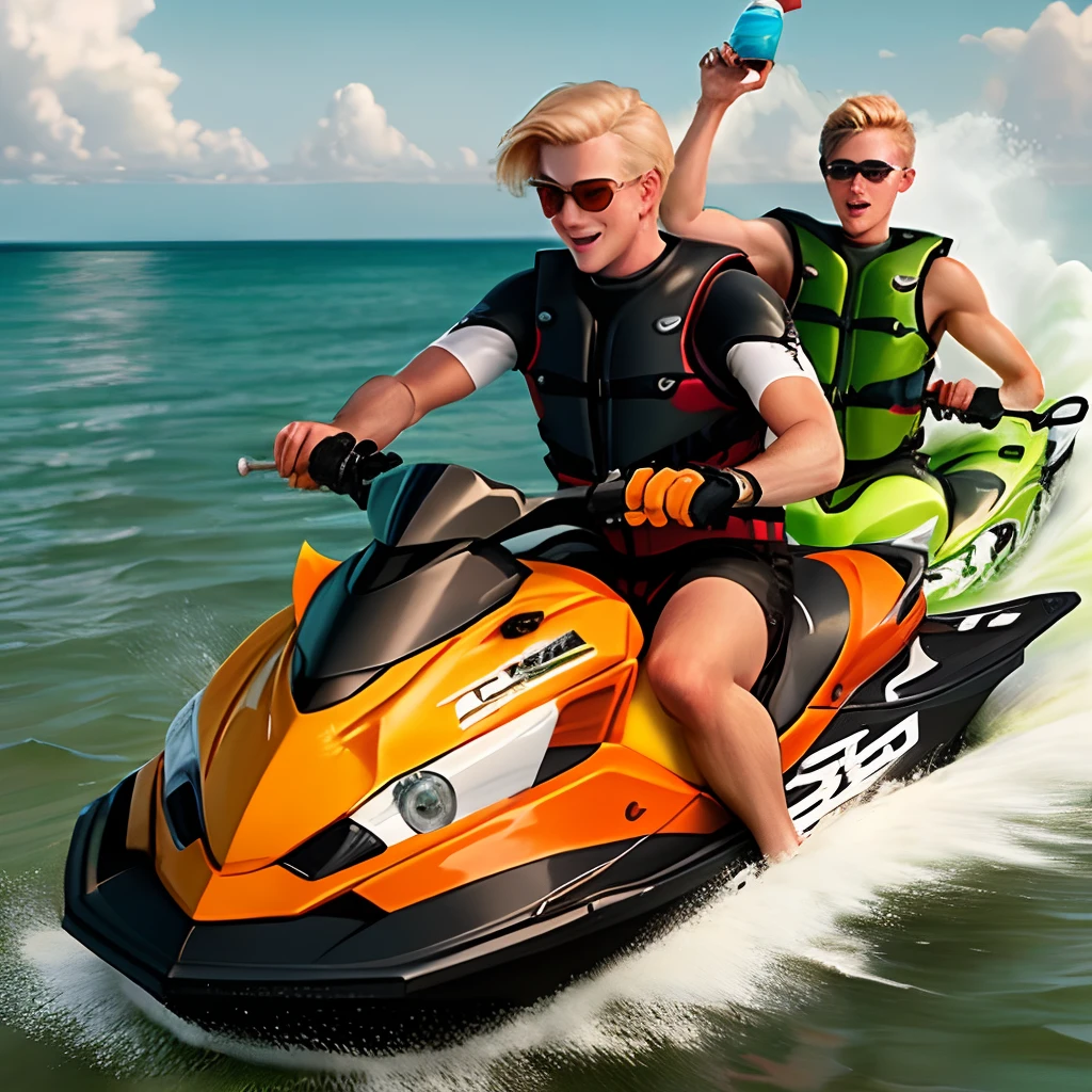 Rich blonde driving a jet ski with a salt shaker in his hand and his gay boyfriend riding on the back of the jet ski