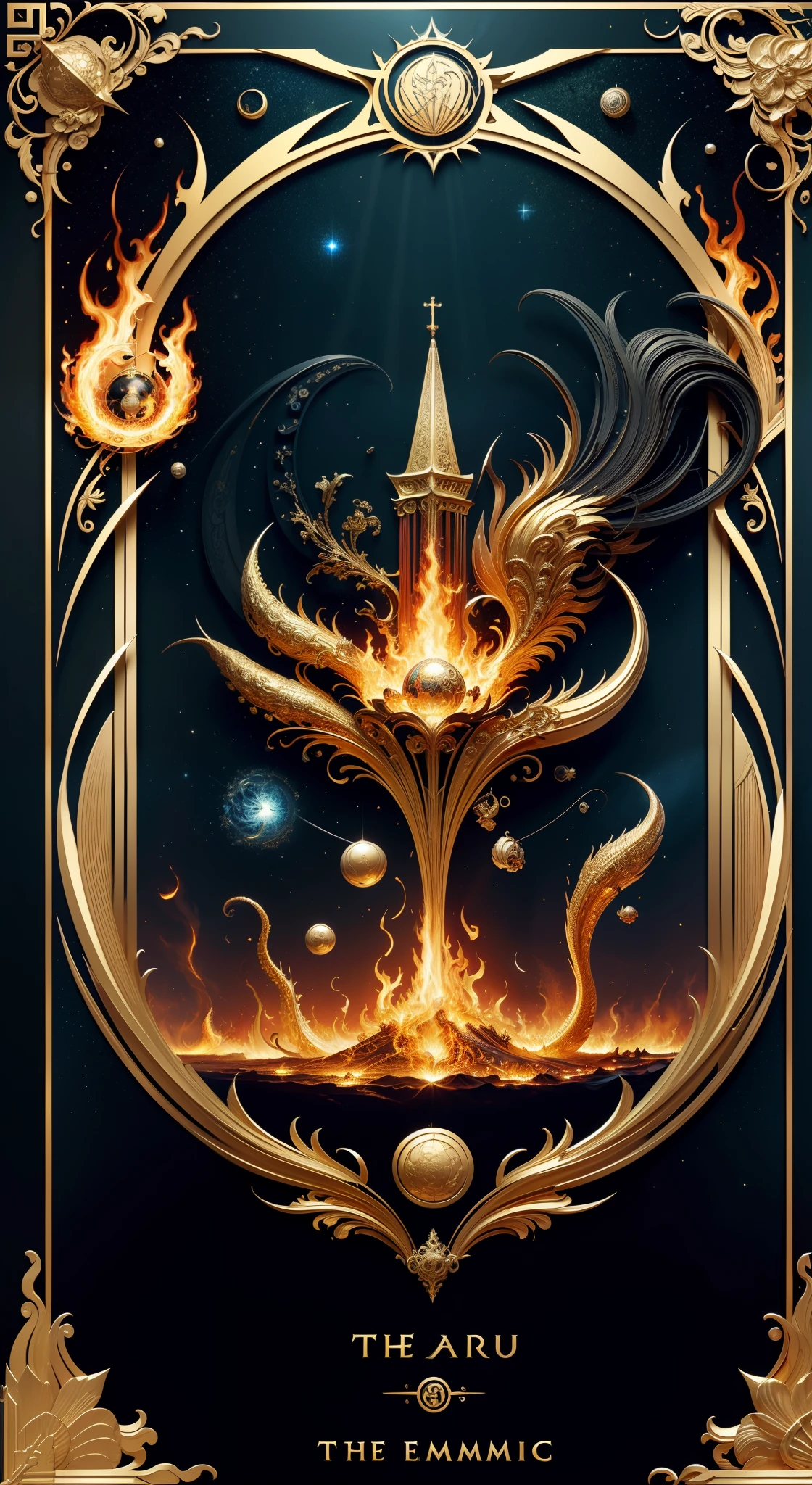 tarot cards，Full tarot border，(The image is surrounded by a tarot card-style border:1.8),The back of the card，Hades，Wearing：a black cloak，Giant scythe，Great giants，Roman mythology，8k wallpaper, Ultra-detailed, Beautiful and aesthetically pleasing, tmasterpiece, best qualityer, (s fractal art: 1.3), erupting volcano, extremely detaile, dynamic angle, Cowboy shot, The most beautiful forms of chaos, elegant, Fauvistdesign, vivd colour, romanticism lain, hell, Buble, shells, Blood, pearls，magma,火焰, Libra, skulls, Vintage style，（zentangle，datura，Tangles，entangled）， (s fractal art: 1.3)，holy rays，gold foil，Gold leaf art，glitter drawing，Full tarot border，（Full border 1.5），Fang Yi，（The border is centered at 1.8），(theelementoffire:1.4),Composed of fire elements，Highly realistic,Sci-fi lighting effects,Flame,hoang lap，climaxing，Looking down from above，simple backgound：