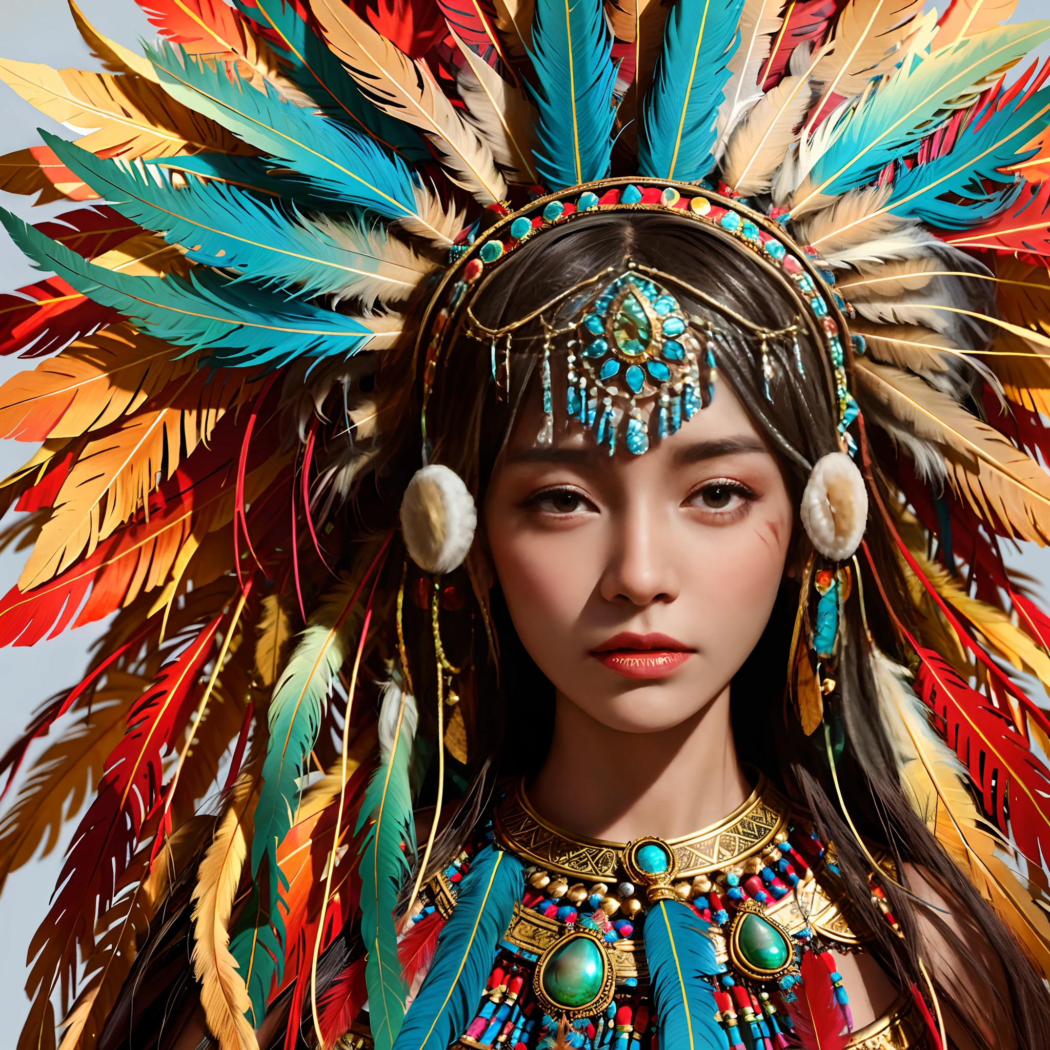 Wear a feather headdress,Arad woman with feathers on her head, aztec princess portrait, wearing crown of bright feathers,beautiful woman with feathers, Beautiful female shaman, she is dressed in shaman clothes, feathered headdress,Tattoo of the sternum, ornate headdress, a female shaman, karol bak uhd, headdress, : Native American Shameon Fantasy, centered headdress, dark skin, detail skin