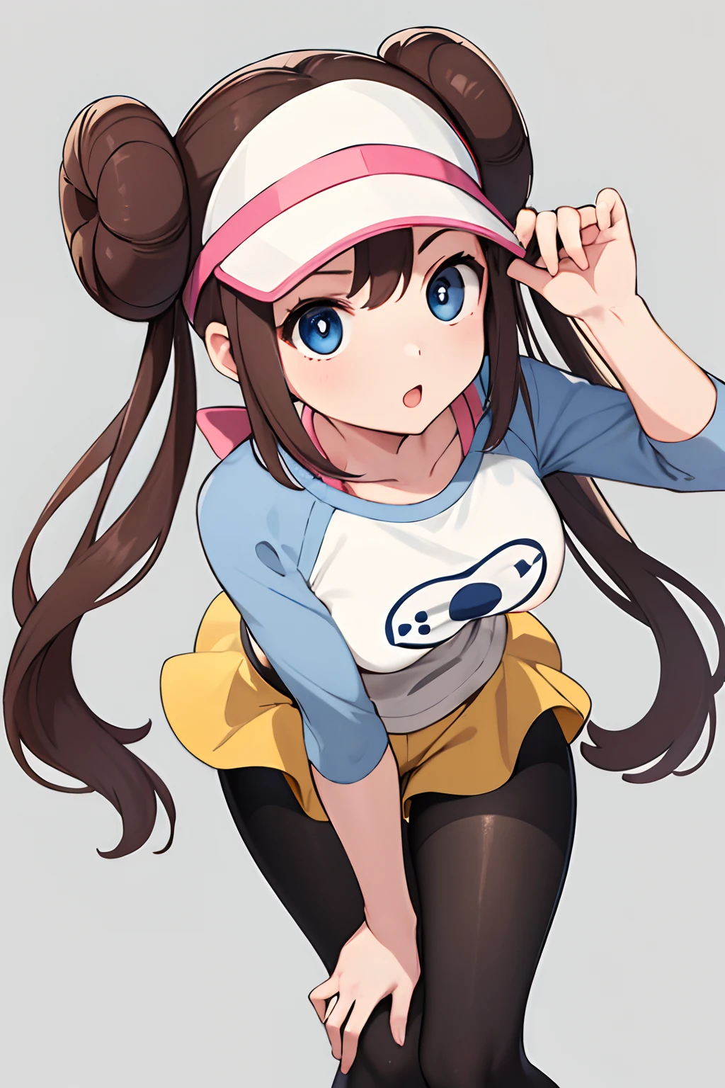 masterpiece, best quality, highres, ro1, hair bun, blue eyes, twintails, visor cap, pantyhose, raglan sleeves, yellow shorts, shirt, pink bow, wristwatch, standing, leaning forward, gym,