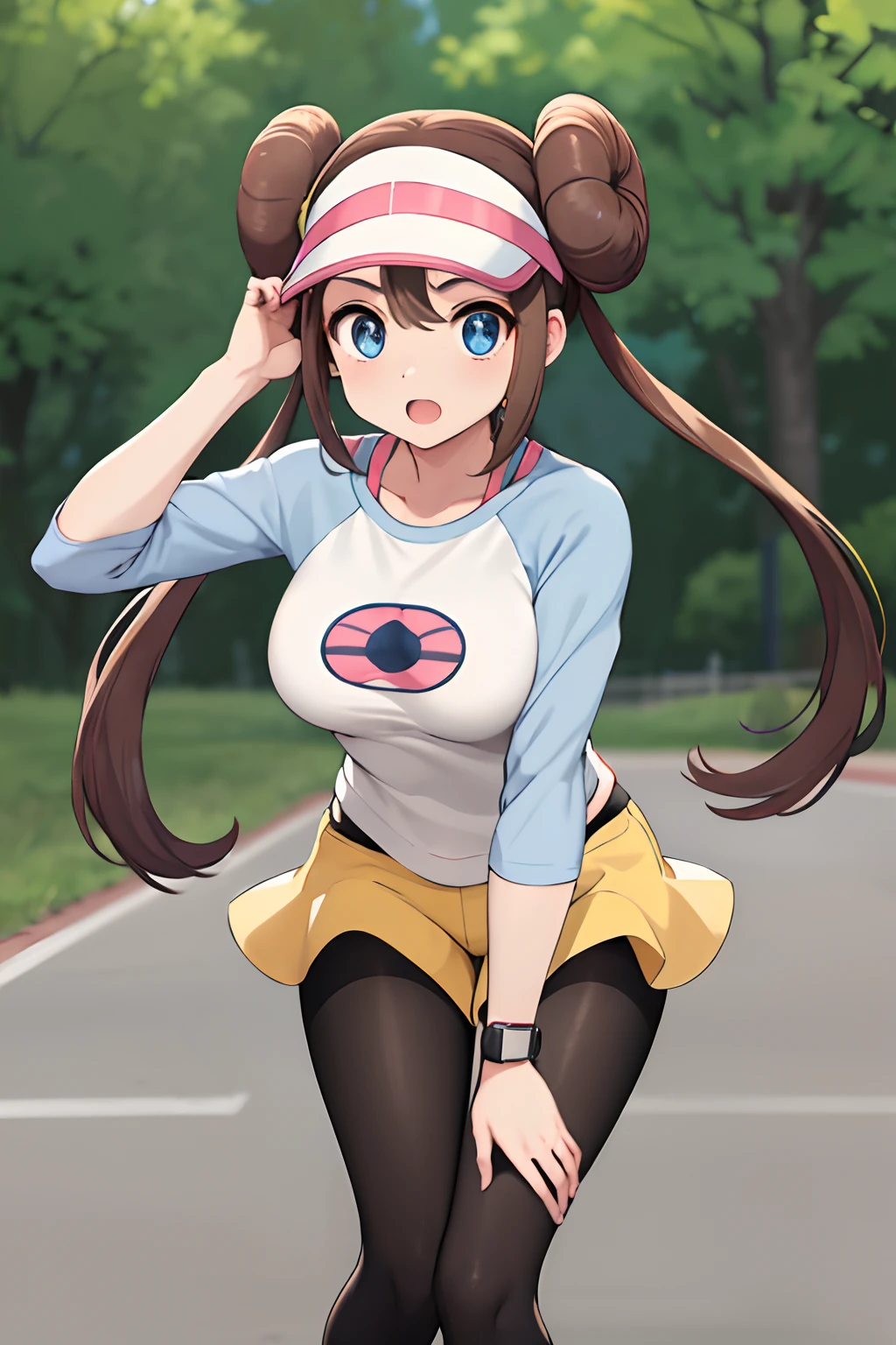 masterpiece, best quality, highres, ro1, hair bun, blue eyes, twintails, visor cap, pantyhose, raglan sleeves, yellow shorts, shirt, pink bow, wristwatch, standing, leaning forward, gym,