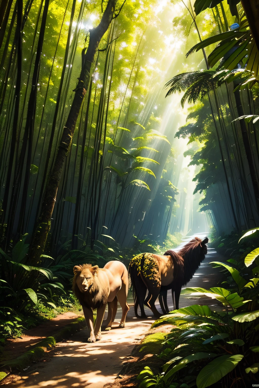 best quality,ultra-detalhado,Realistic:1.37,Animais,pegadas de animais, Lion Bones, selva, habitat da vida selvagem, lush vegetation, Sunlight streaming through the canopy, Atmosfera misteriosa, cores vibrantes, fotografia de vida selvagem