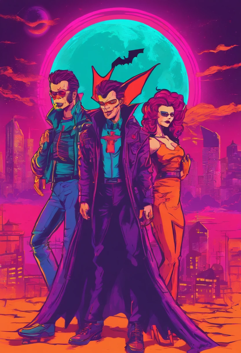 vampire family of three celebrating Halloween. A large bat flies above them. There's a ghost behind them