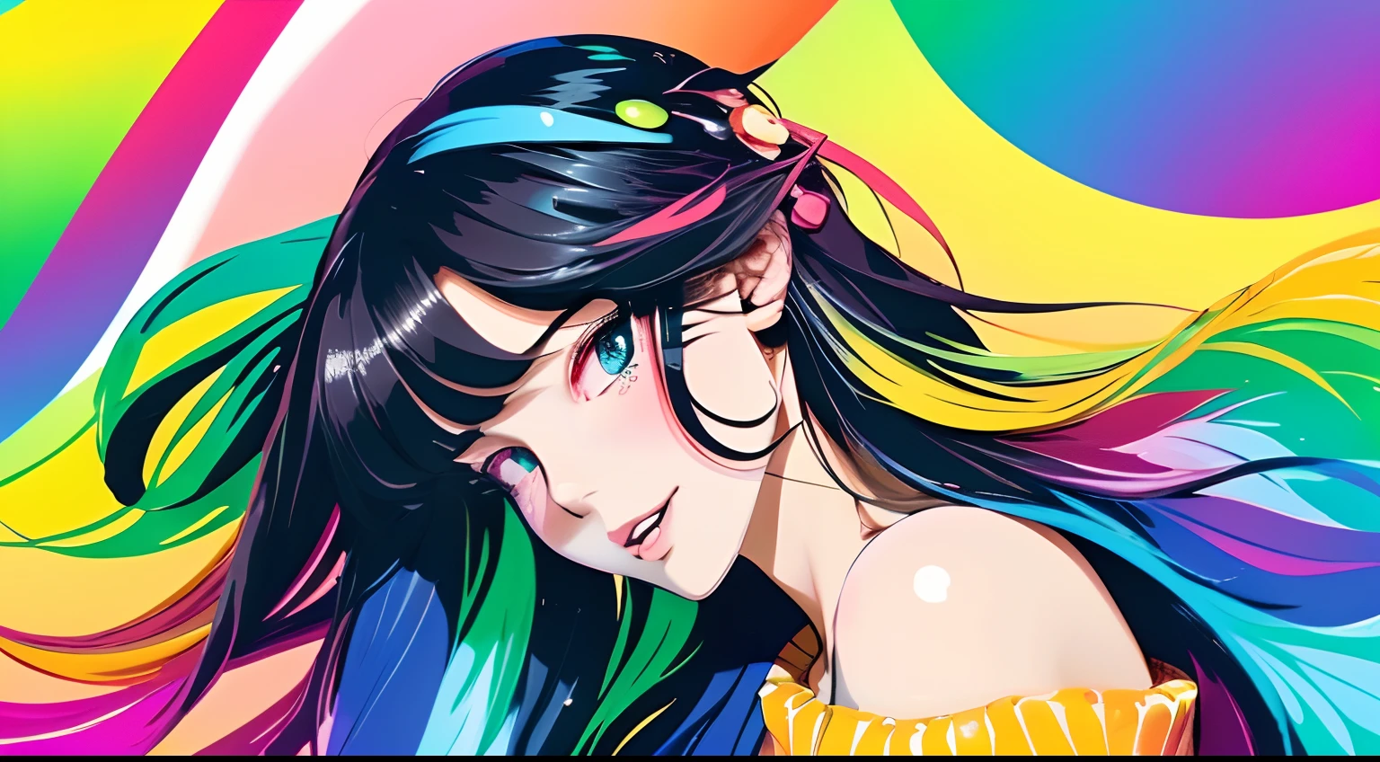 (((masutepiece))),(((Best Quality))),((Ultra-detailed)),(Illustration),(Dynamic Angle), ((floating)),(paint),((disheveled hair)), (Solo),(1girll), ((Big_Gcups)), (((detailed anime face))),((beautifull detailed face)),Collar,Bare shoulders, Black hair, ((Colorful hair)),((Rainbow pattern hair in the hair)), Beautiful detailed eyes,(Gradient color eyes),(((Colorful eyes))), (((Colorful background))),(((High color saturation))),(((Surrounded by colorful splashes))),(((surrounded by colorful dot))),colorful bubble,((Shining))🤔Crisp and fog-free