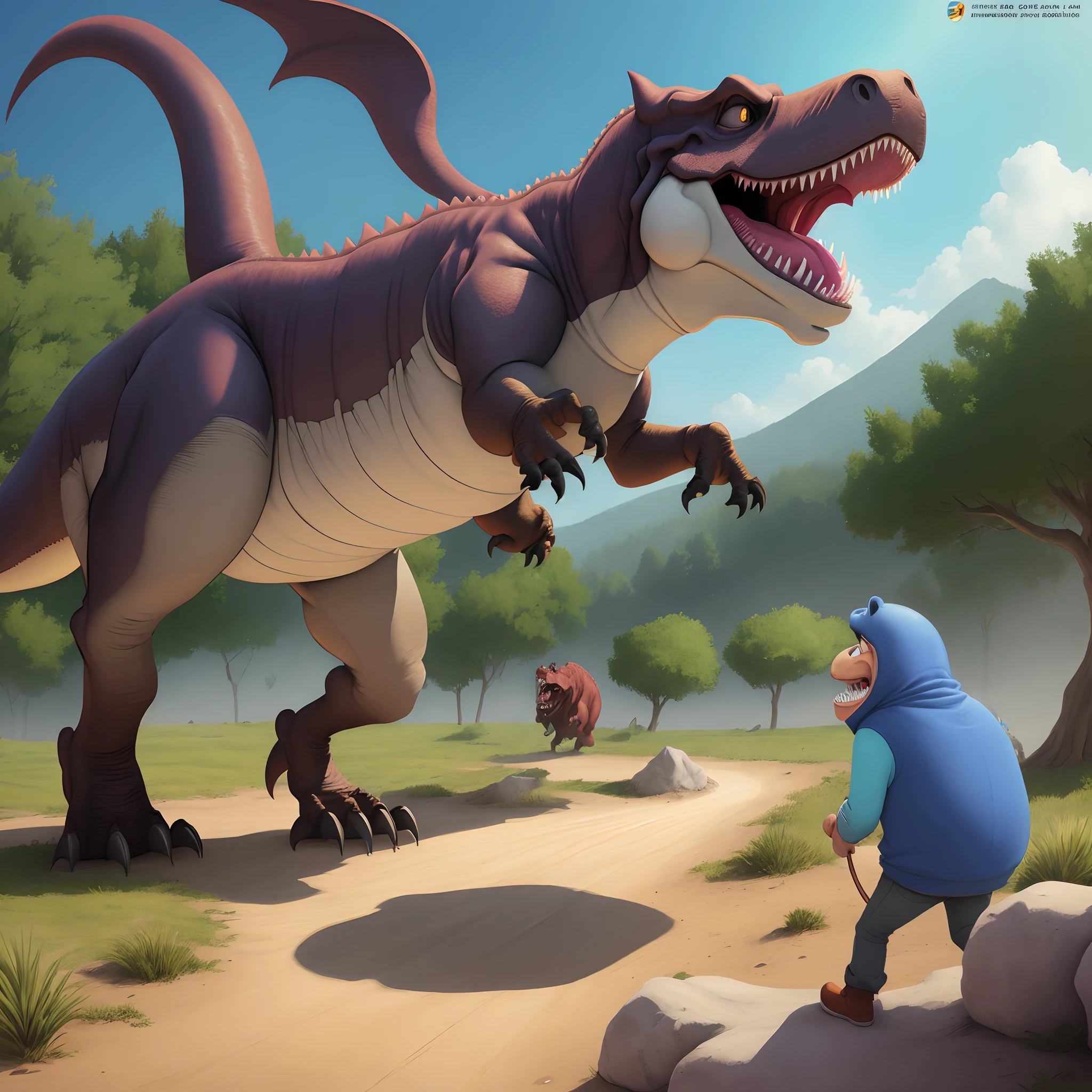 T-rex, lance patates, cartoon, comic, couleurs vives