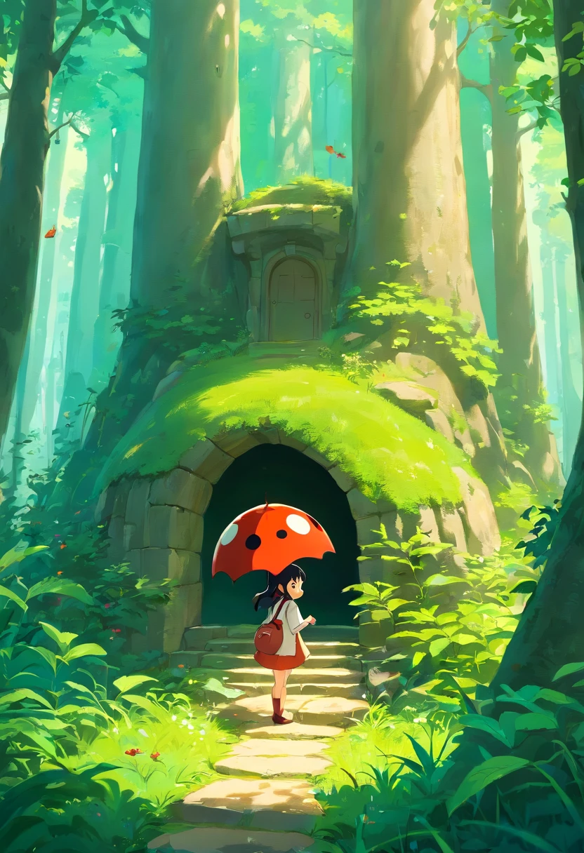 Curious ladybug in forest in 3D drawing ,There are no characters,There are mountains and waters,There is a large courtyard with ancient charm