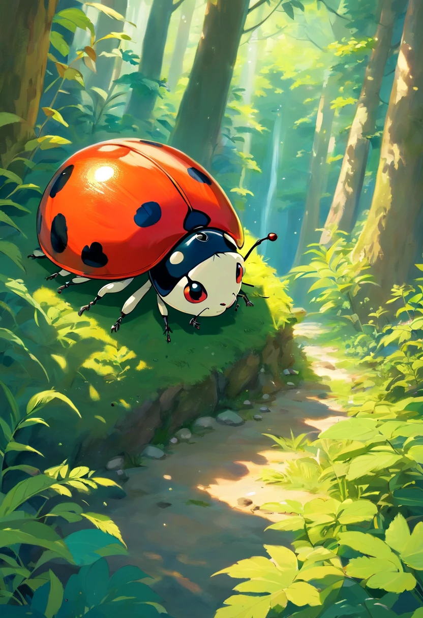 Curious ladybug in forest in 3D drawing ，There are no characters，There are mountains and waters，There is a large courtyard with ancient charm