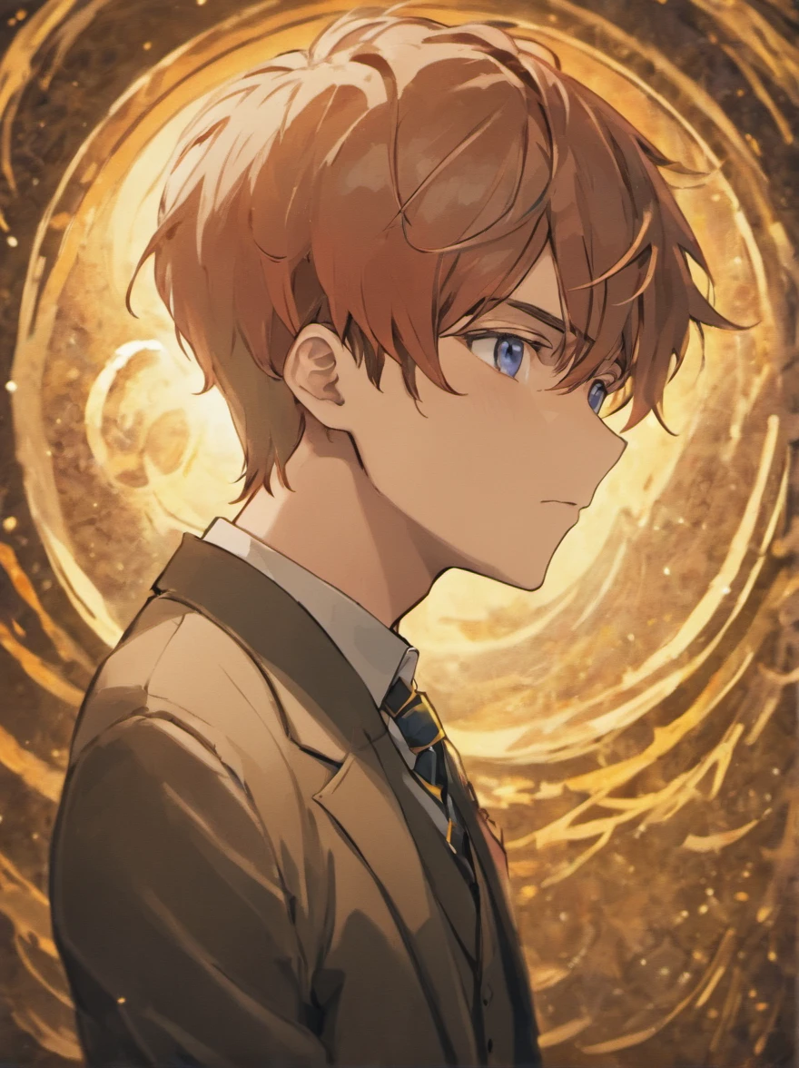 boy looking with one eye through a monocle, looking at viewer