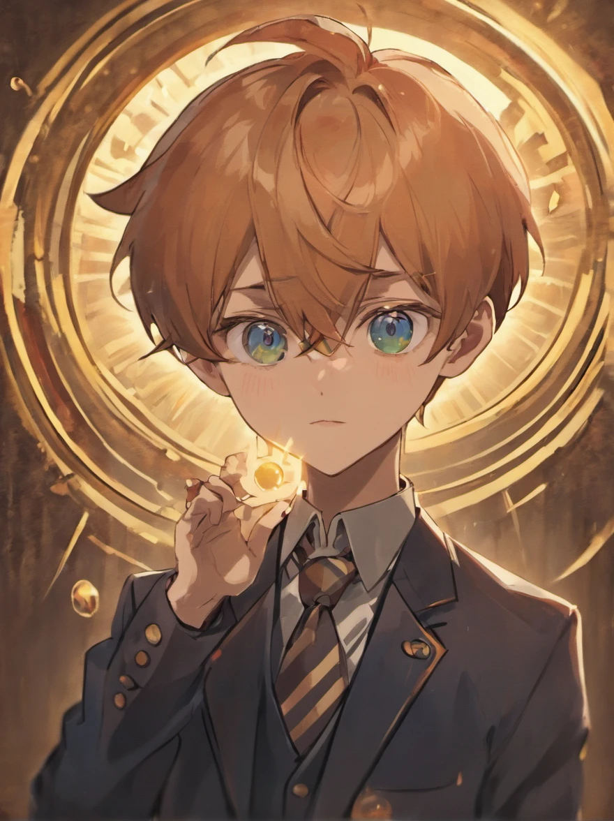 boy looking with one eye through a monocle, looking at viewer