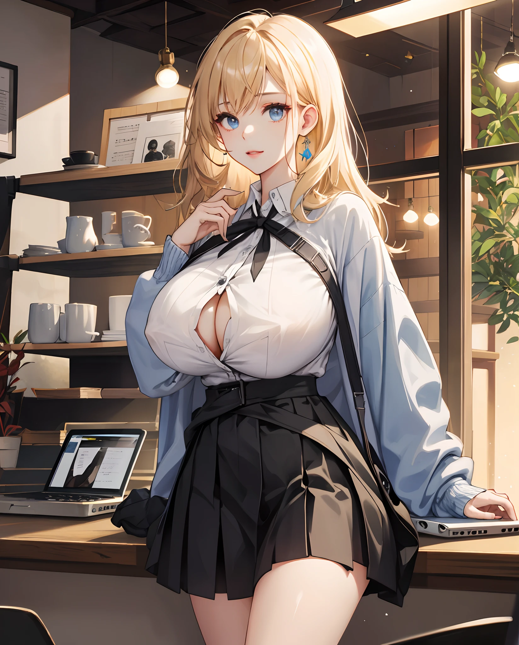 best、masterpiece、An ultra-high picture quality、realisitic、girl with、(Beauty Face 1.4)、(huge tit、constriction waist)、Long Cream Hair、cafes、Bokeh、Micron、glowy skin、Head、Work on a laptop、shirt、Tight black skirt、cardigan