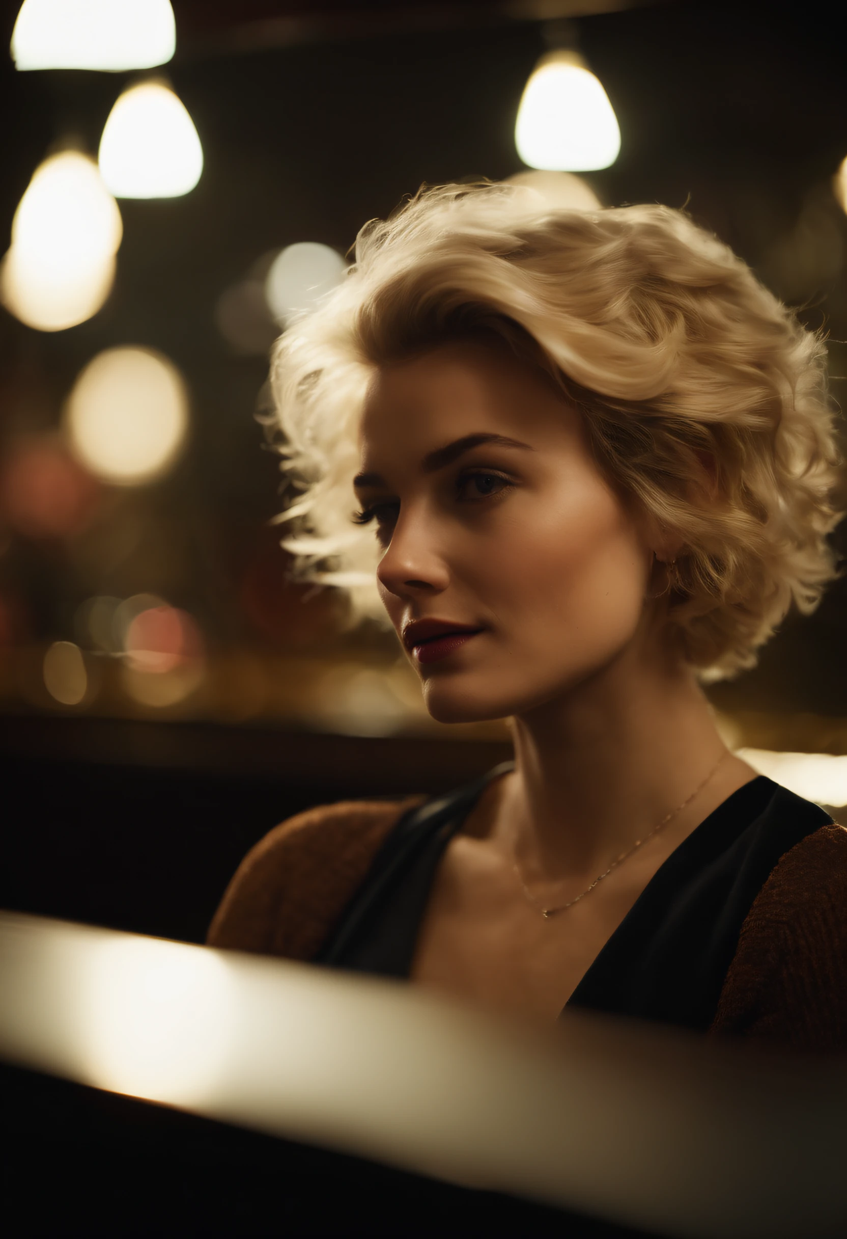 close up modern blonde ite young woman, melbourne Australia, movie, wearing dress, short pixie hair, floppy hair, messy hair, looking sultry, cinematic, photo real,, backlit, panavision, depth of field, night time, sexy, bed, in a discreet club, 21st century, bar,