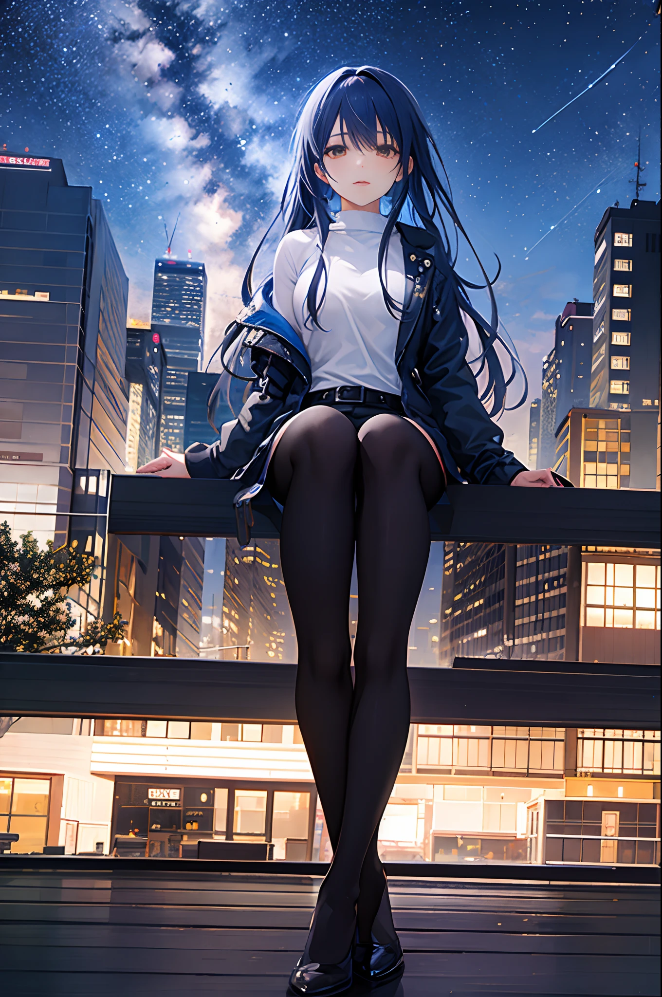 octans, sky, star (sky), scenery, starry sky, night, 1girl, night sky, solo, outdoors, building, cloud, milky way, sitting, tree, long hair, city, silhouette, cityscape