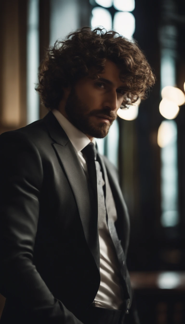 male portrait, Short curly big hair in a suit,buliding,Wagas,Sateen.