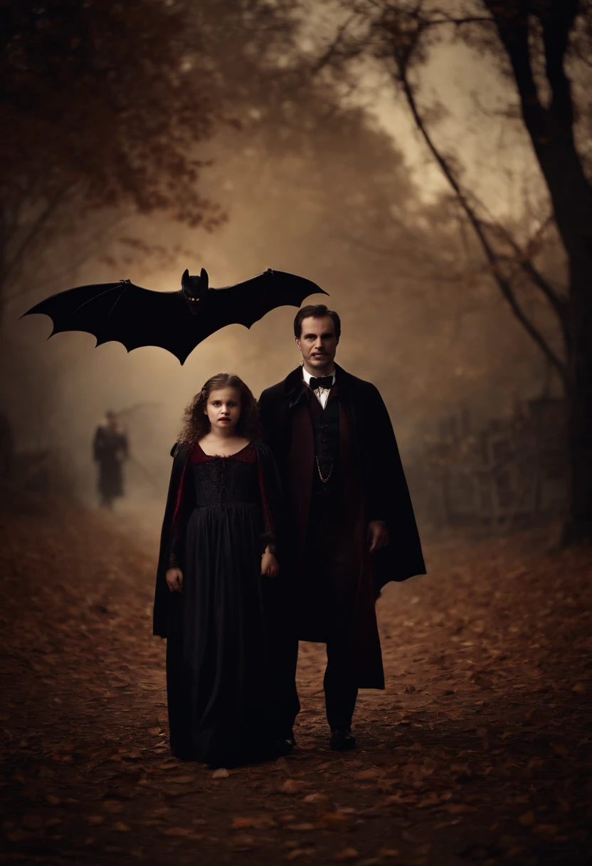 vampire family of three celebrating Halloween. A large bat flies above them. There's a ghost behind them