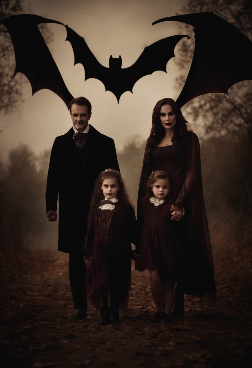 vampire family of three celebrating Halloween. A large bat flies above them. There's a ghost behind them